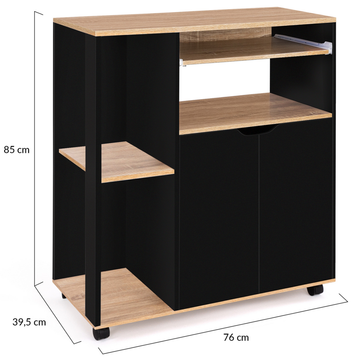 ID MARKET Desserte de cuisine COSI bois noir et plateaux façon hêtre L.76 CM