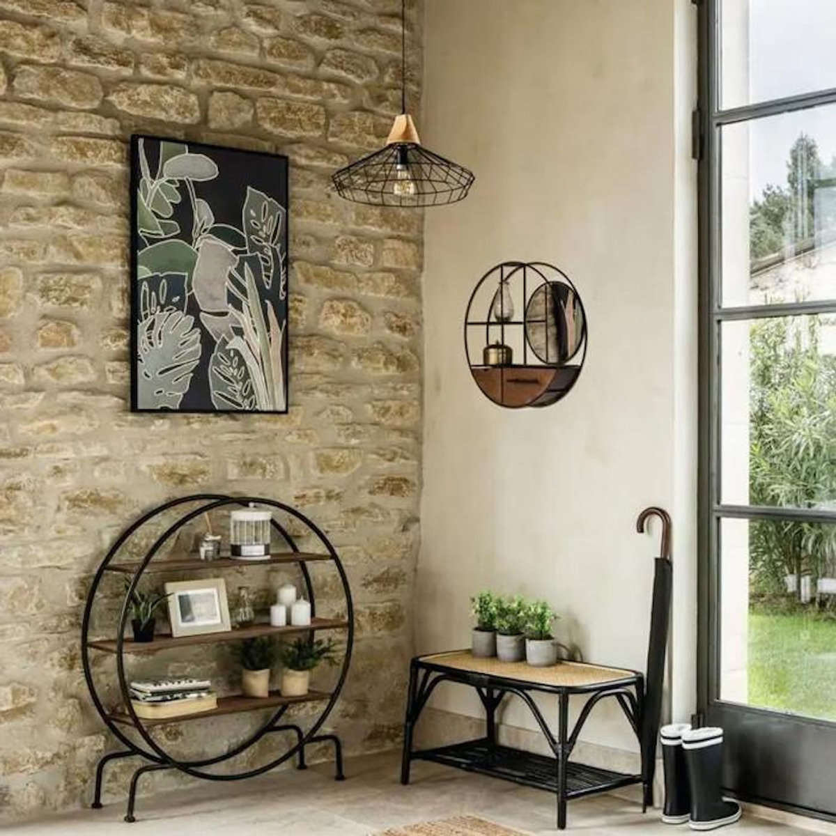 ATMOSPHERA Étagère Murale 2 Tiroirs  Reto  50cm Naturel & Noir