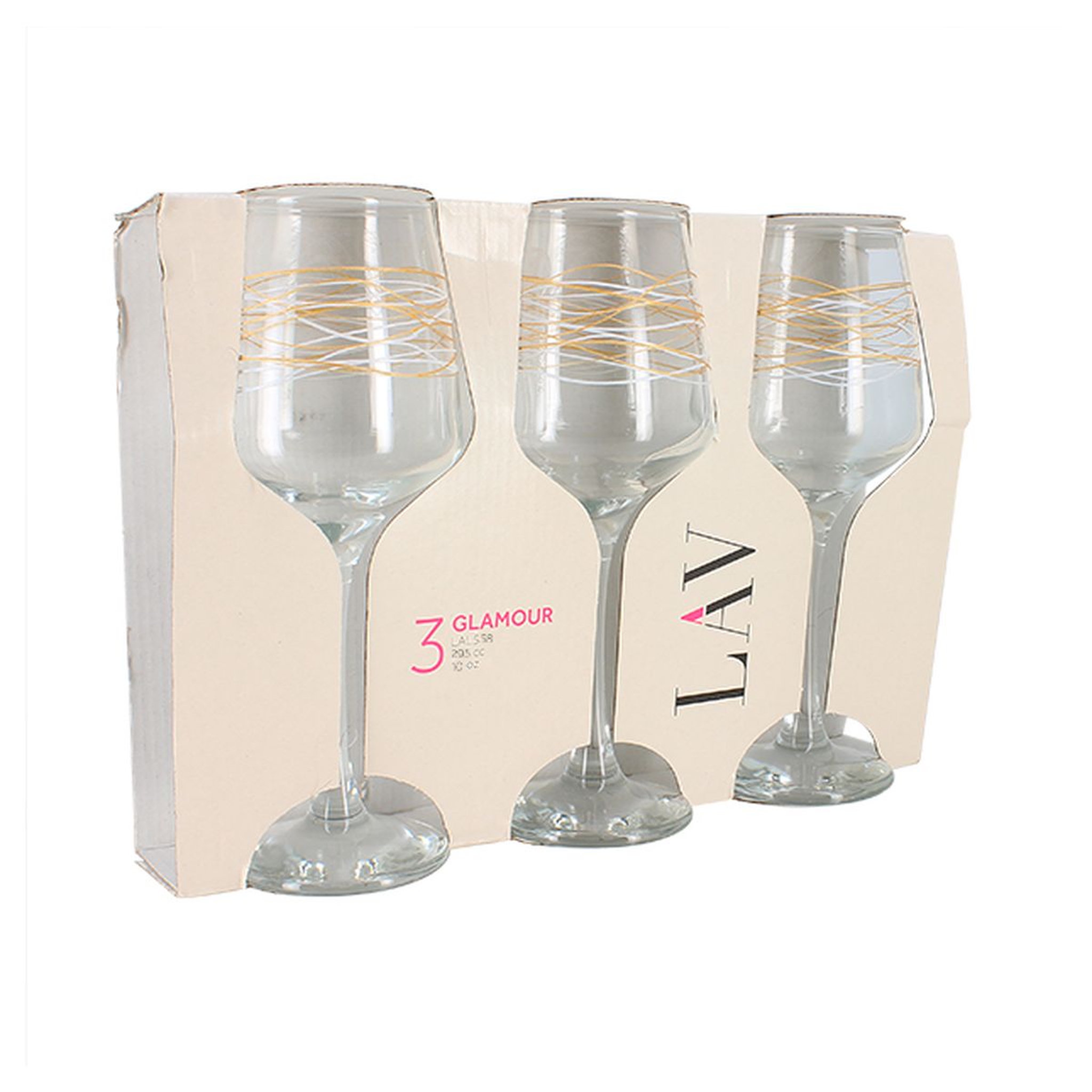 Voir la diapositive 1 : Set 3 verres à pied 29.5cl double filet or et blanc GLAMOUR 