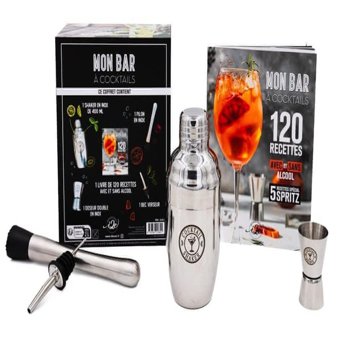 MON BAR A COCKTAILS. COFFRET AVEC 1 SHAKER, 1 DOSEUR DOUBLE, 1 PILON ET 1 BEC DOSEUR, EDITION 2025, I2C