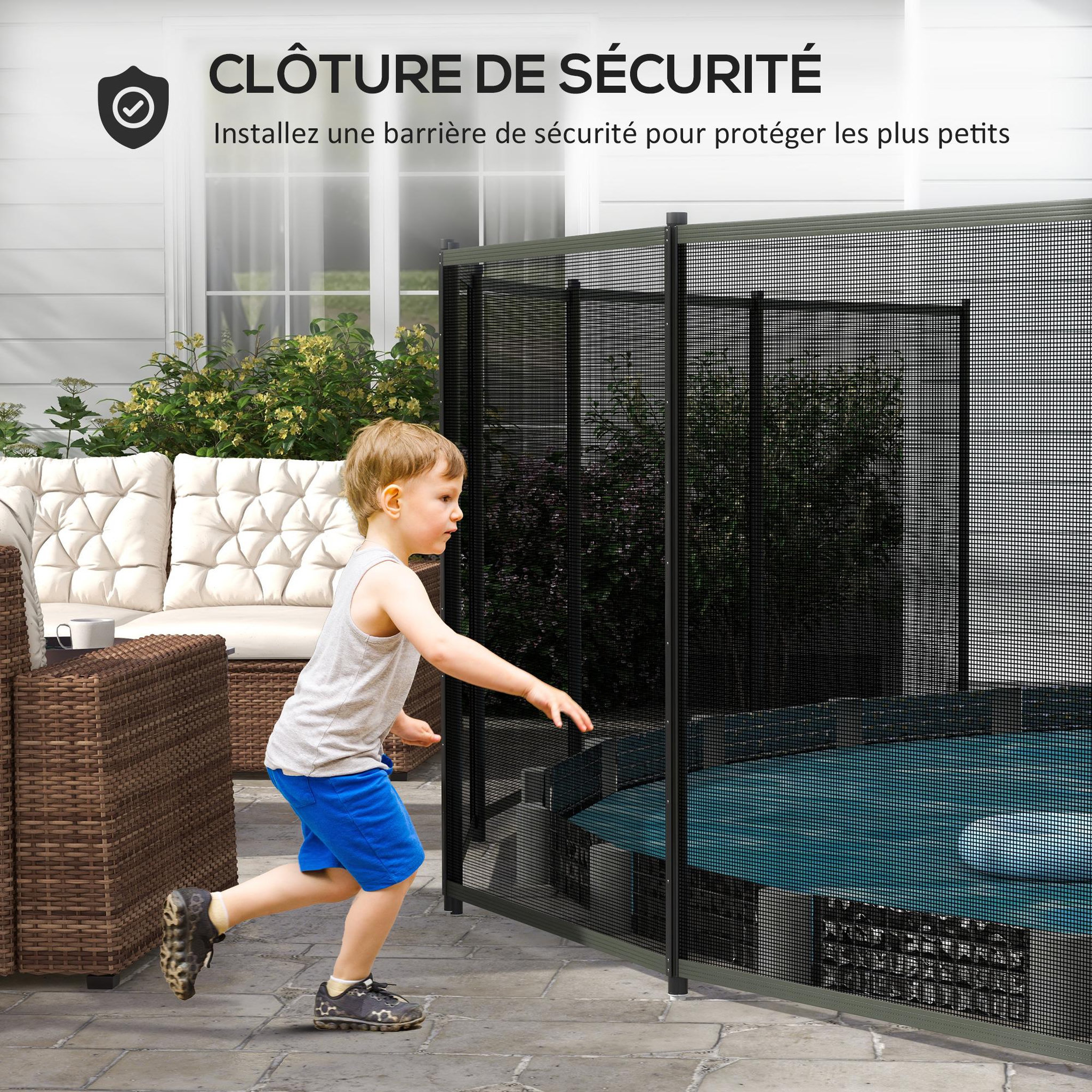 Voir la diapositive 4 : OUTSUNNY Clôture barrière de sécurité pour piscine - lot de 4 panneaux - dim. totales 365L x 126H cm - alu textilène noir