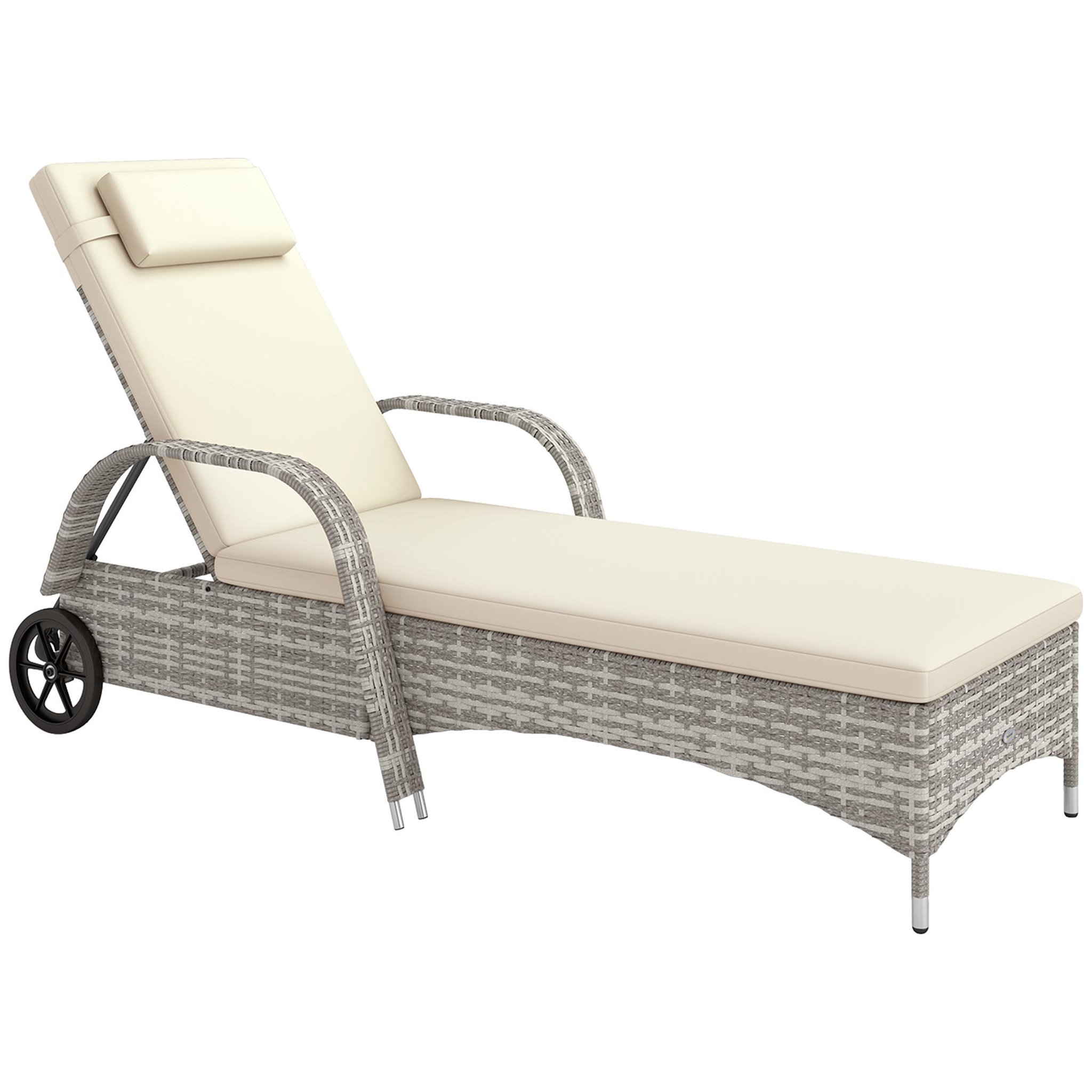 Voir la diapositive 1 : OUTSUNNY Transat bain de soleil grand confort : matelas, têtière, inclinaison réglable multipositions, accoudoirs, roulettes résine tressée gris clair