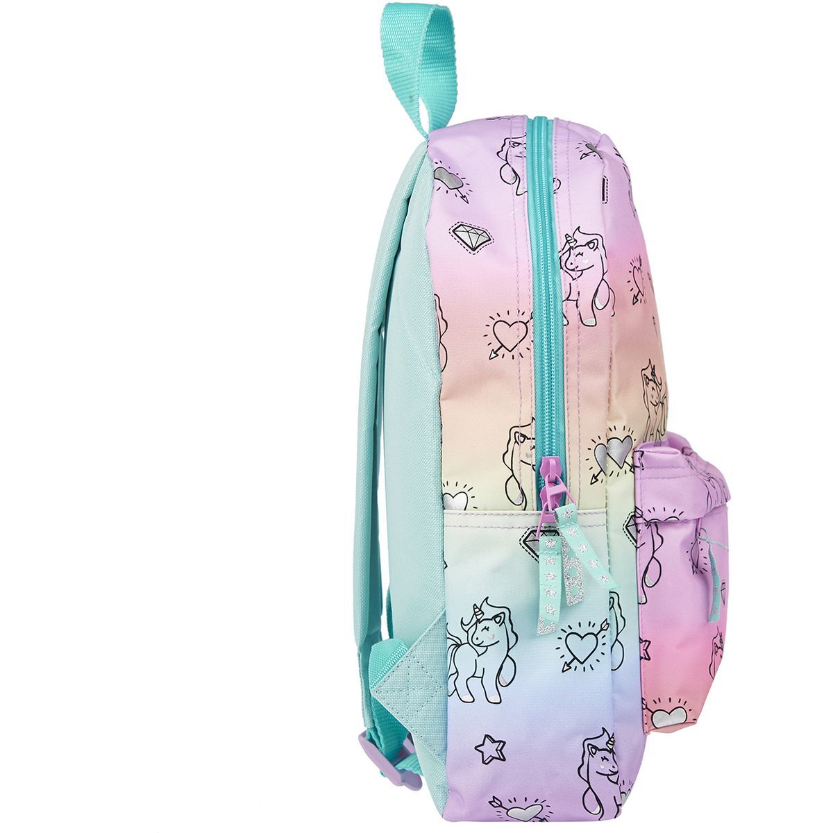 Milky Kiss Sac maternelle bleu et rose avec pochette avant motifs licornes