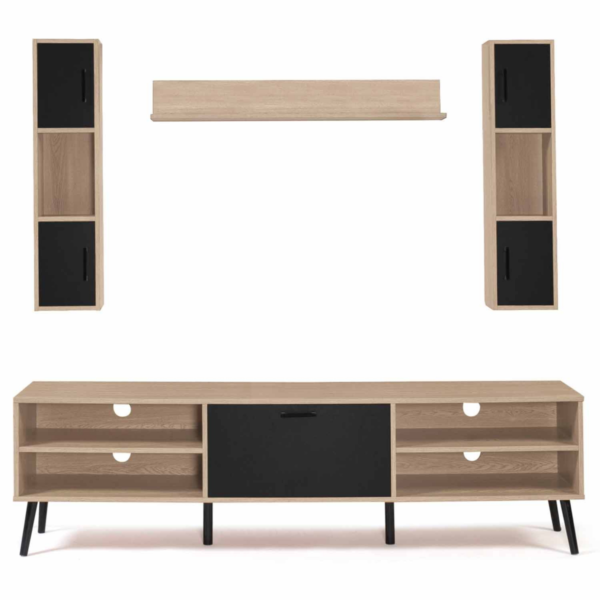 ID MARKET Ensemble meuble TV 180 cm et étagères HOUSTON bois et noir