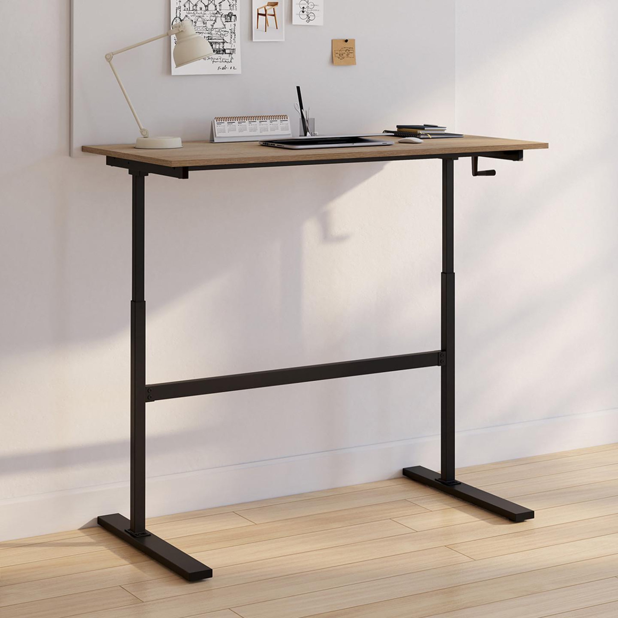 Voir la diapositive 4 : ID MARKET Bureau droit jeanne assis debout à manivelle hauteur réglable 70 - 120 cm bois façon hêtre et noir
