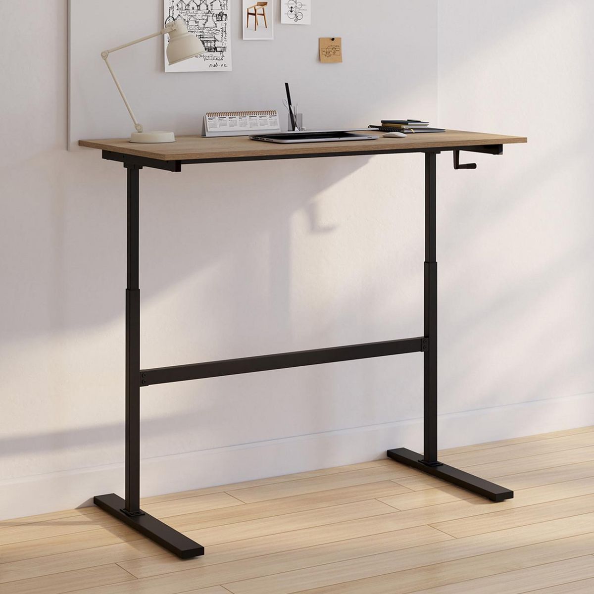 ID MARKET Bureau droit JEANNE assis debout à manivelle hauteur réglable 70 - 120 cm bois façon hêtre et noir