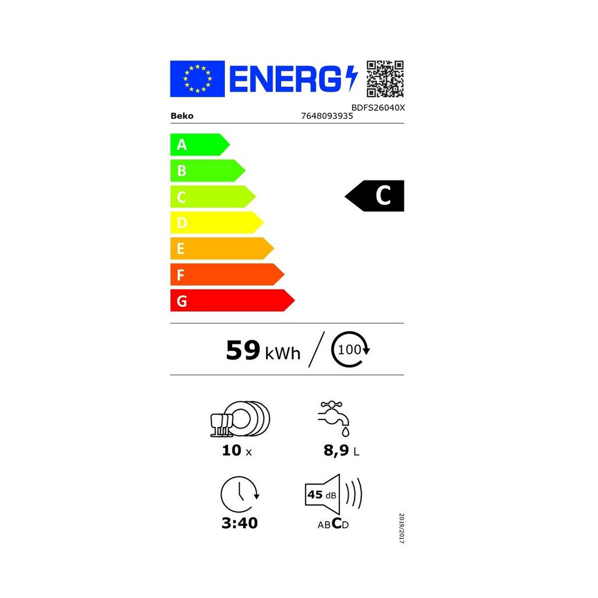 Voir la diapositive 2 : Beko Lave-vaisselle 45cm 10 couverts 45db inox - BDFS26040X