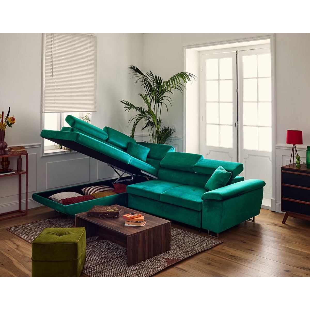 BEST MOBILIER Dimas - canapé d'angle gauche 5 places - convertible avec coffre et têtières réglables - en velours