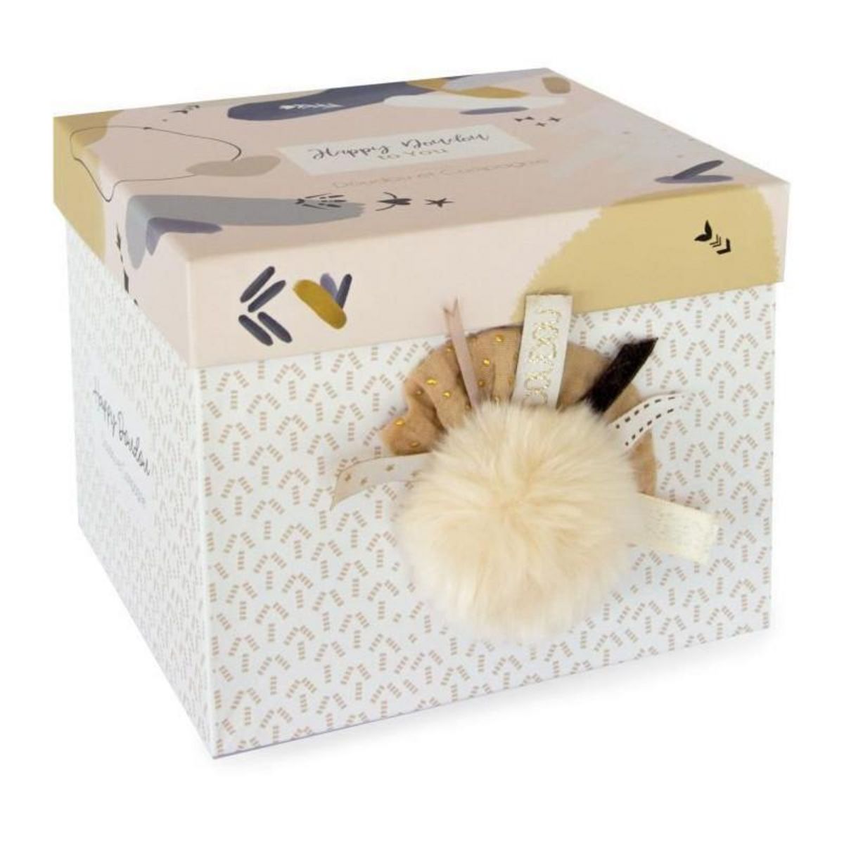 DOUDOU ET COMPAGNIE Doudou et Compagnie - Peluche Lapin -25 cm - Blanc/Sable - Lapin Pompon Naturel - Boite Cadeau - Happy Wild - Happy Doudou To Yo