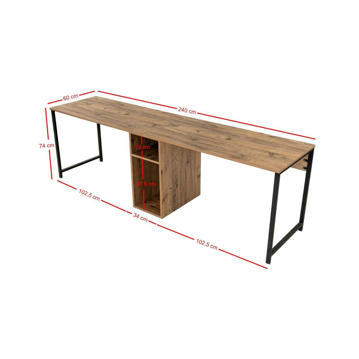 TOILINUX Bureau double avec étagère intégrée en bois et métal - Marron et noir