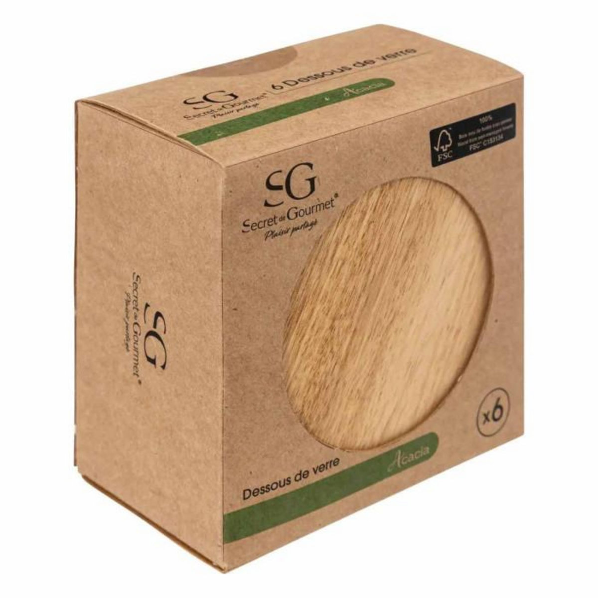 SECRET DE GOURMET Lot de 6 Dessous de Verre  Acacia  10cm Marron