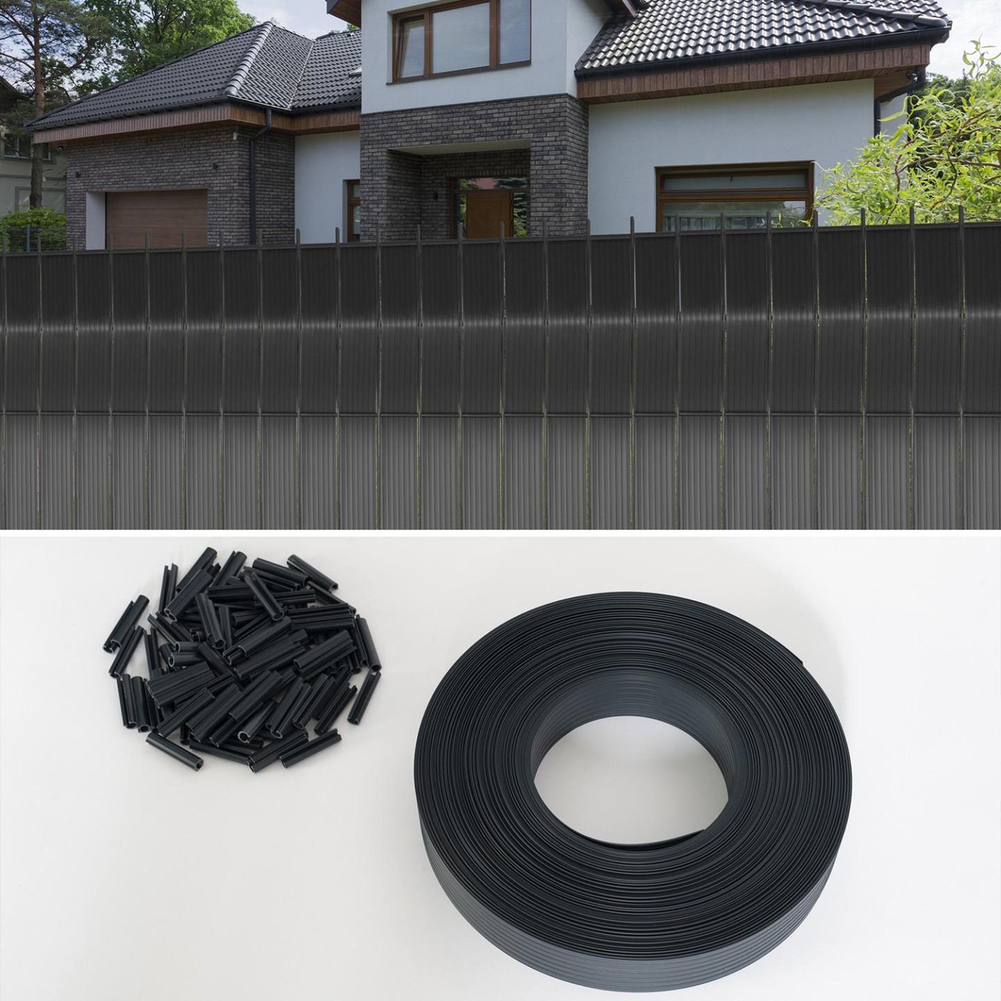 Voir la diapositive 5 : ID MARKET Kit de lamelles occultantes pvc grises l.60 m pour panneau grillagé