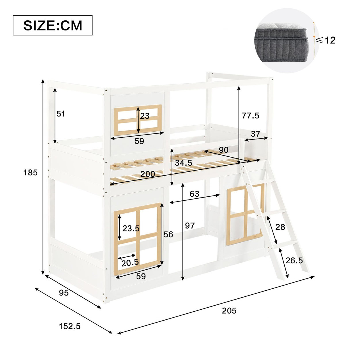 MERAX Lit superposé 90x200cm coloris blanc+naturel pin et mdf