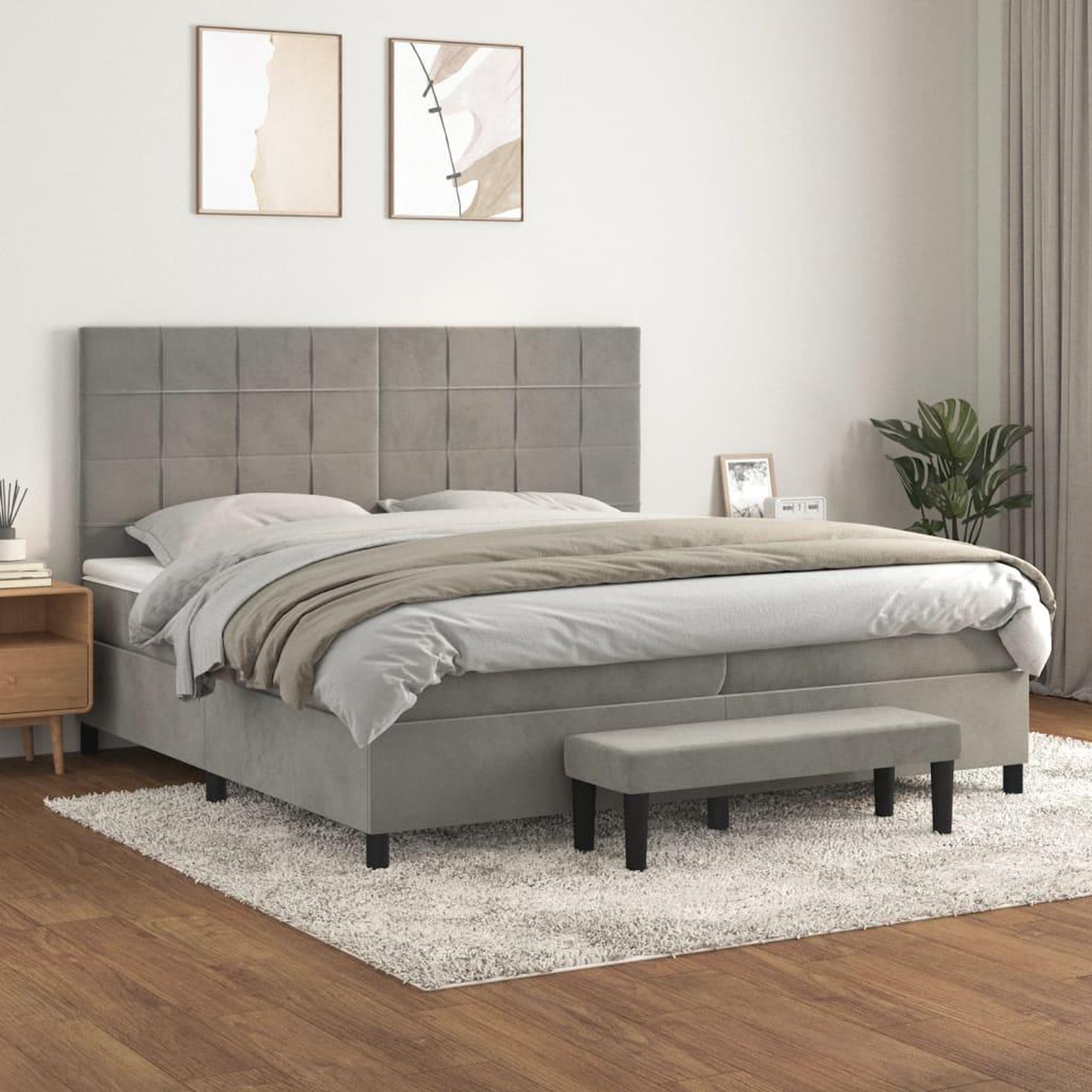 Voir la diapositive 1 : VIDAXL Sommier a lattes de lit et matelas Gris clair 200x200cm Velours