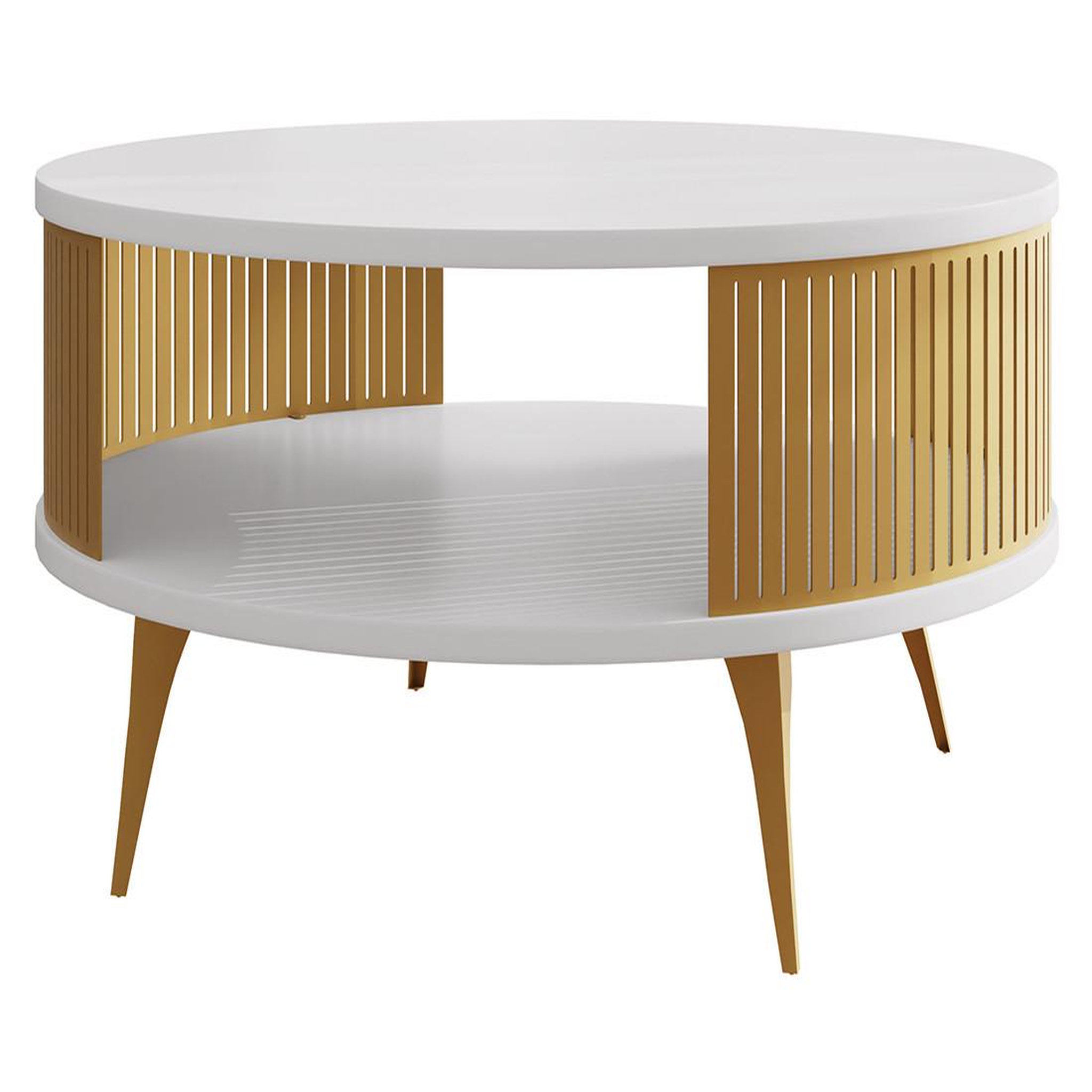 Voir la diapositive 1 : BEST MOBILIER Forini - table basse ronde - blanc et doré - 1 niche - 75 cm