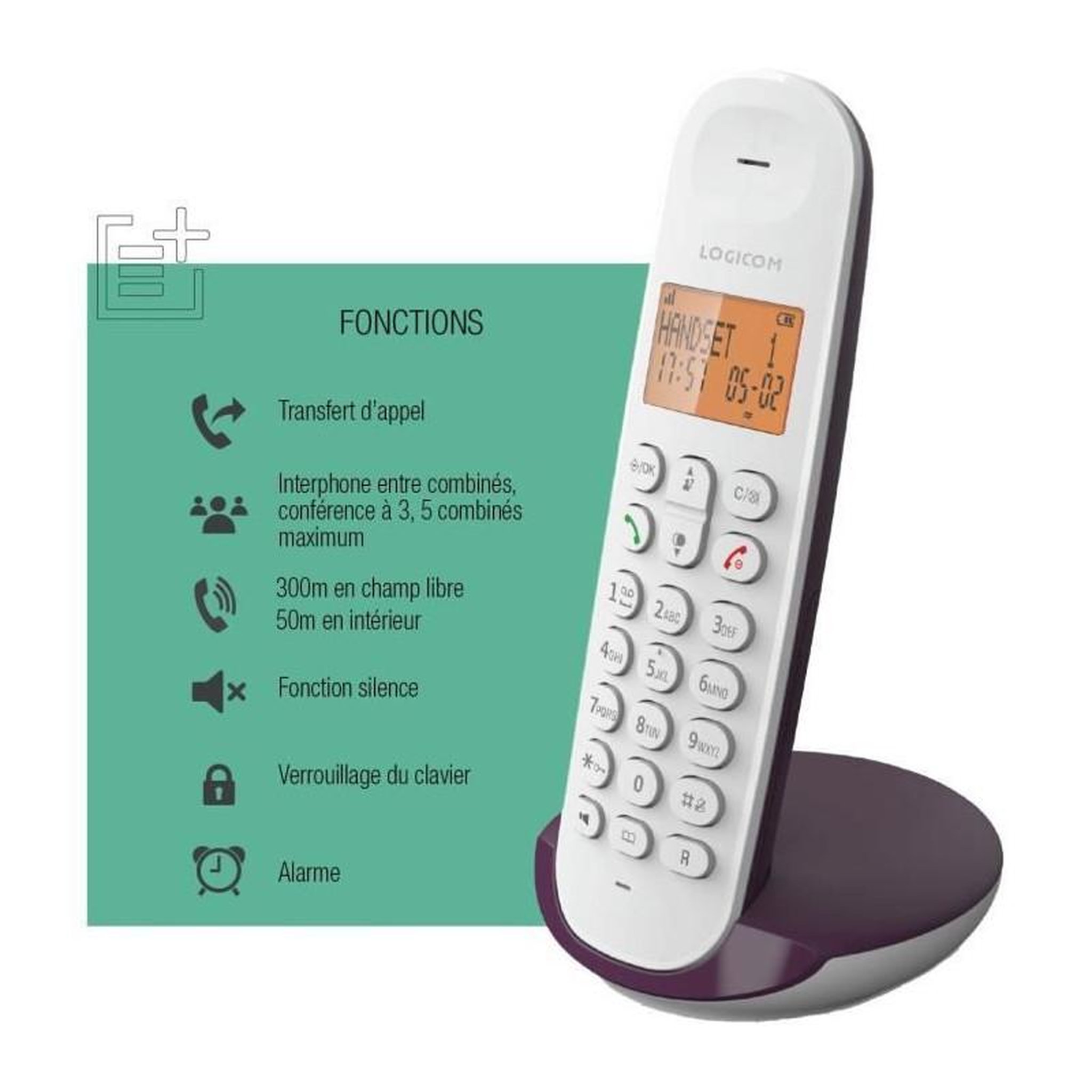 Voir la diapositive 6 : Logicom Téléphone fixe sans fil - LOGICOM - DECT ILOA 150 SOLO - Aubergine - Sans répondeur