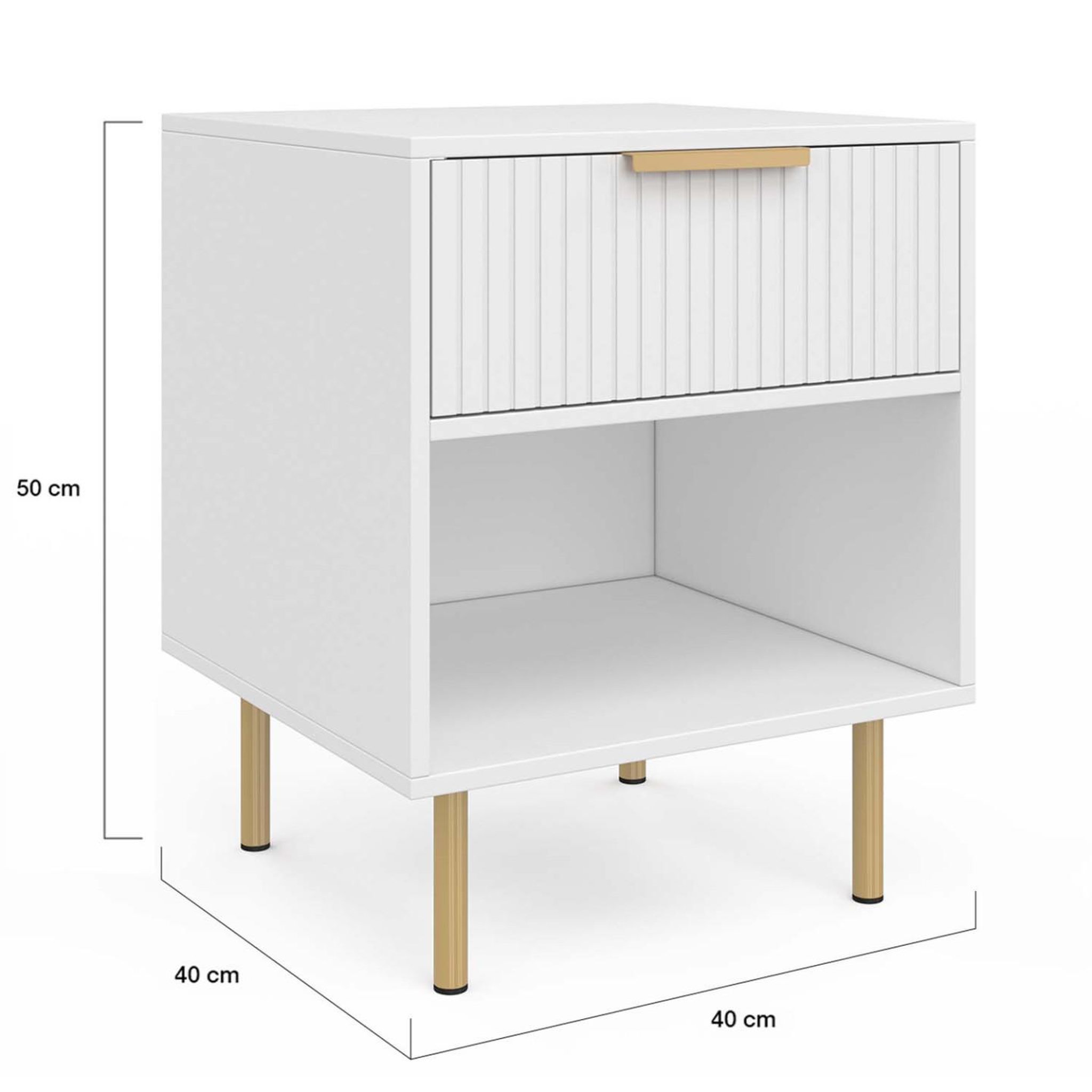 Voir la diapositive 4 : ID MARKET Lot de 2 tables de chevet MARCEL 1 tiroir avec niche effet lattes blanc et doré