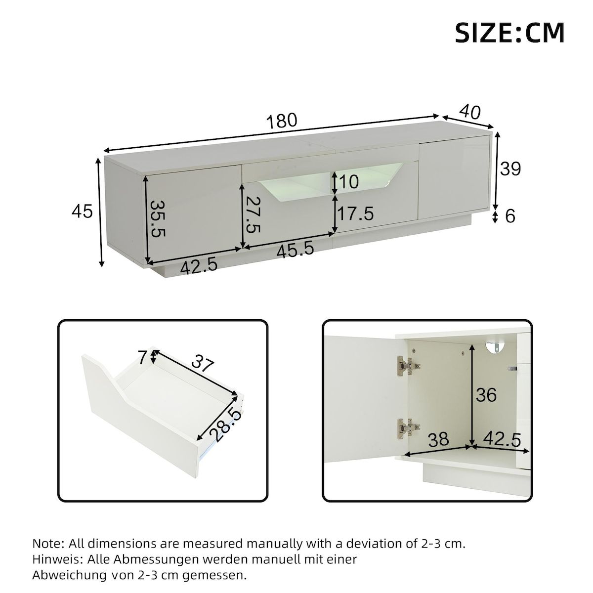 MERAX Meuble tv blanc 180 cm led panneau de particules