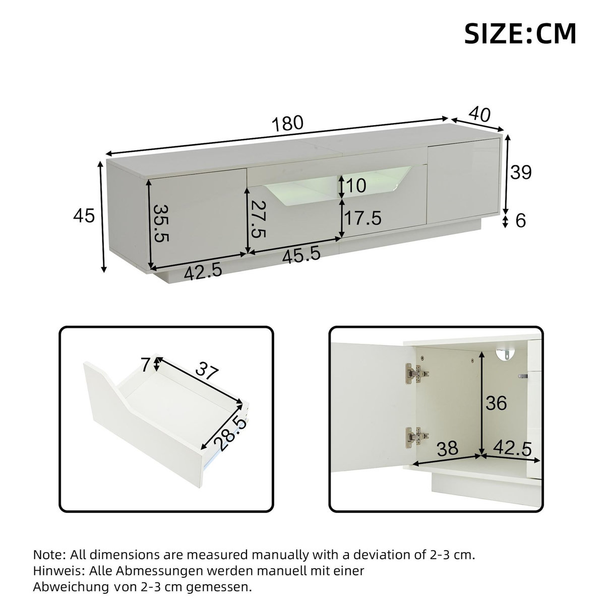 MERAX Meuble tv blanc 180 cm led panneau de particules