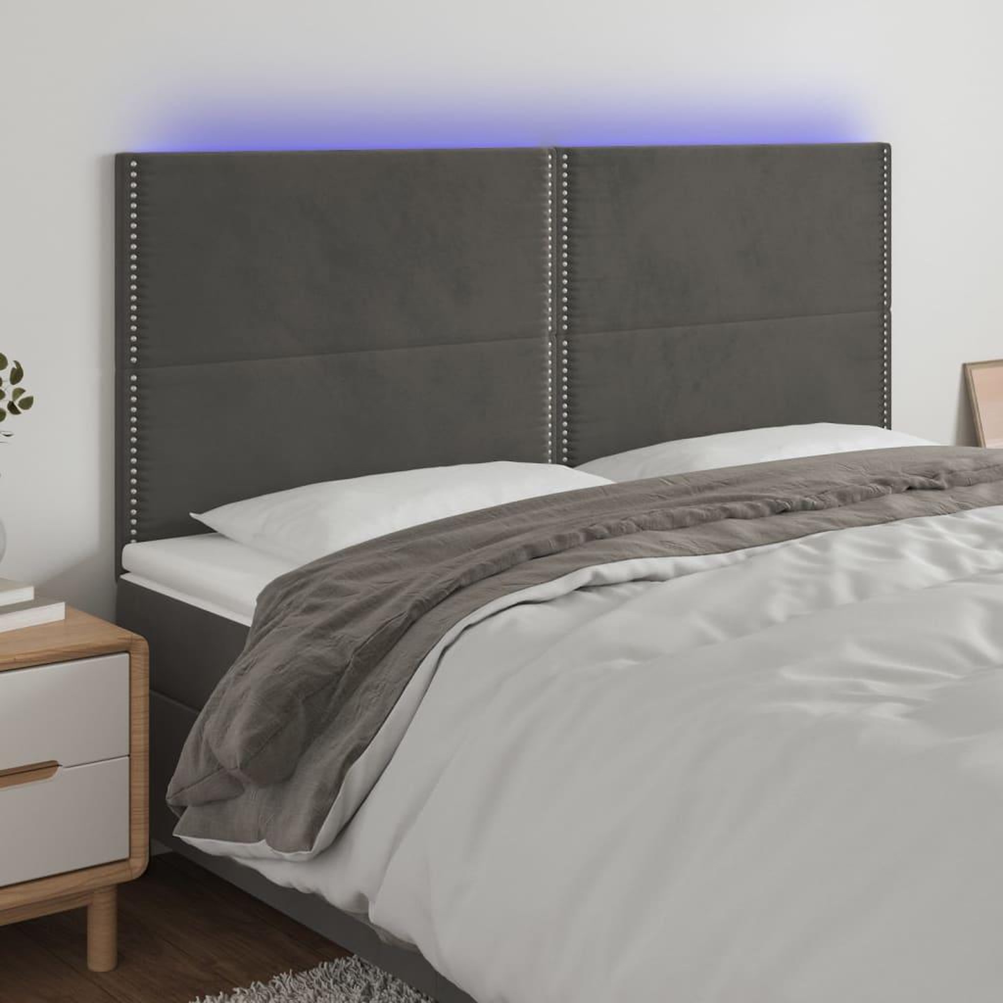 Voir la diapositive 1 : VIDAXL Tete de lit a LED Gris fonce 180x5x118/128 cm Velours