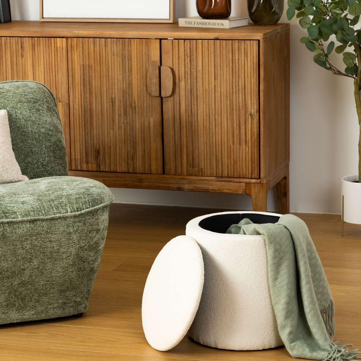 ATMOSPHERA Pouf de rangement en bouclette - Blanc