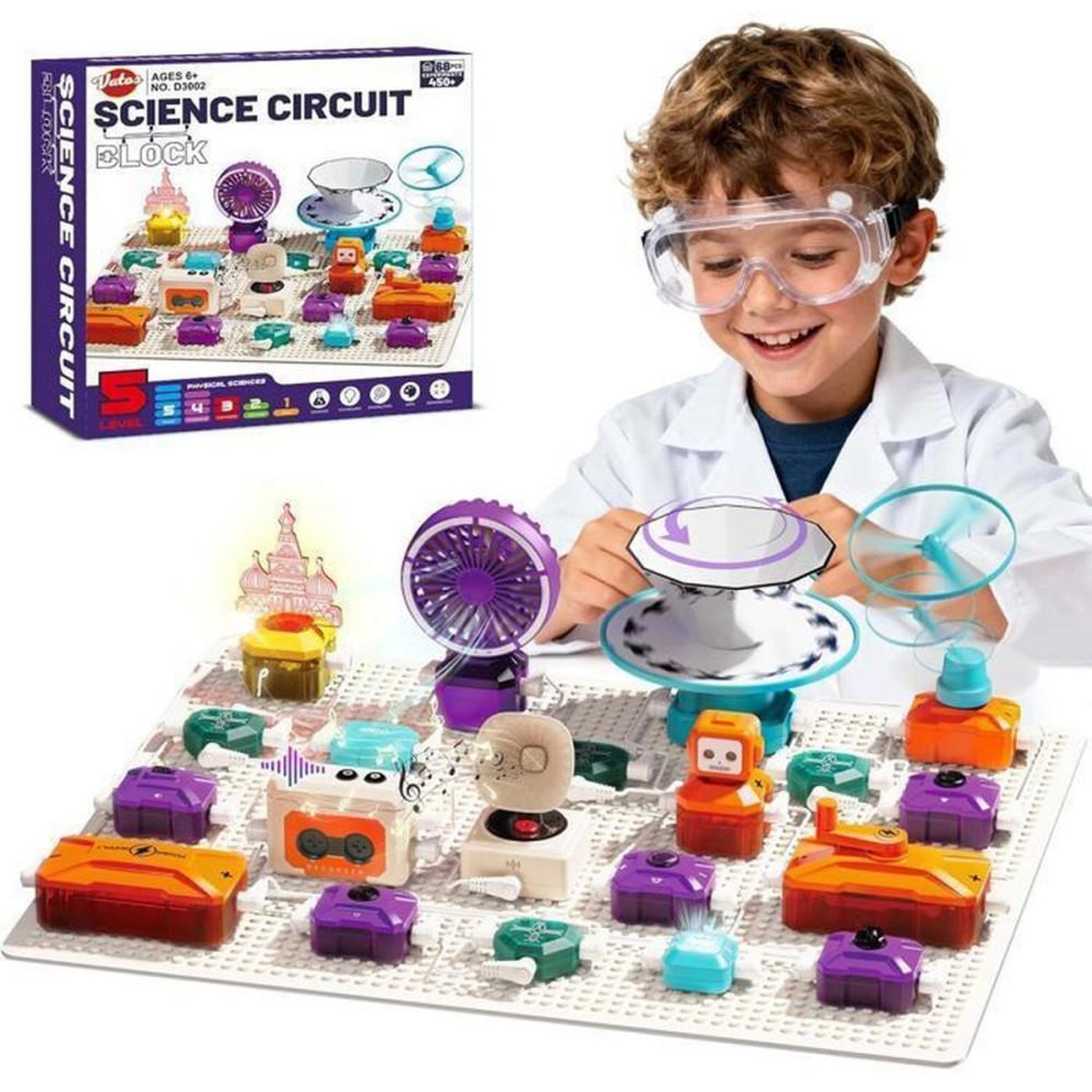 Kit STEM circuits électroniques 68 pièces avec 450+ projets, modules lumineux, ventilateur et effets d'images rotatives, dès 6 ans