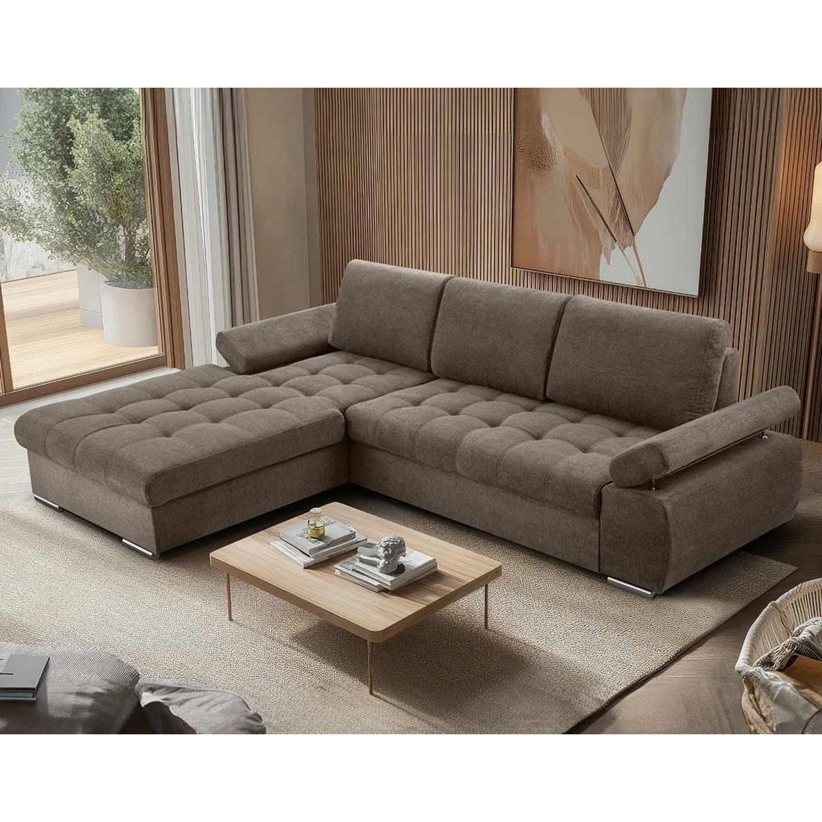 BEST MOBILIER Bianca - canapé d'angle gauche 4 places convertible avec coffre en tissu texturé
