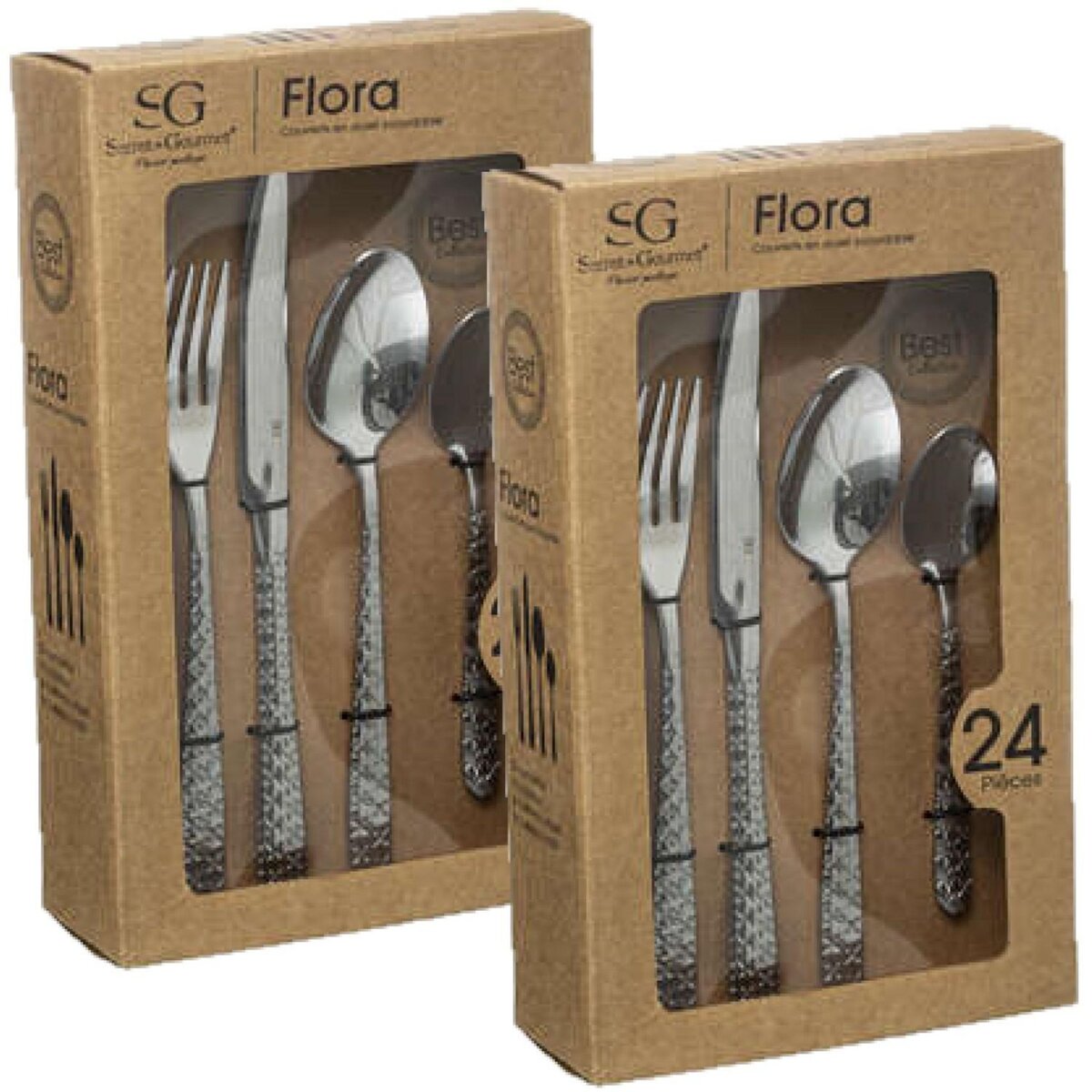 TOILINUX Lot de 2 Ménagères Flora en Acier Inoxydable - 48 Couverts - Argent