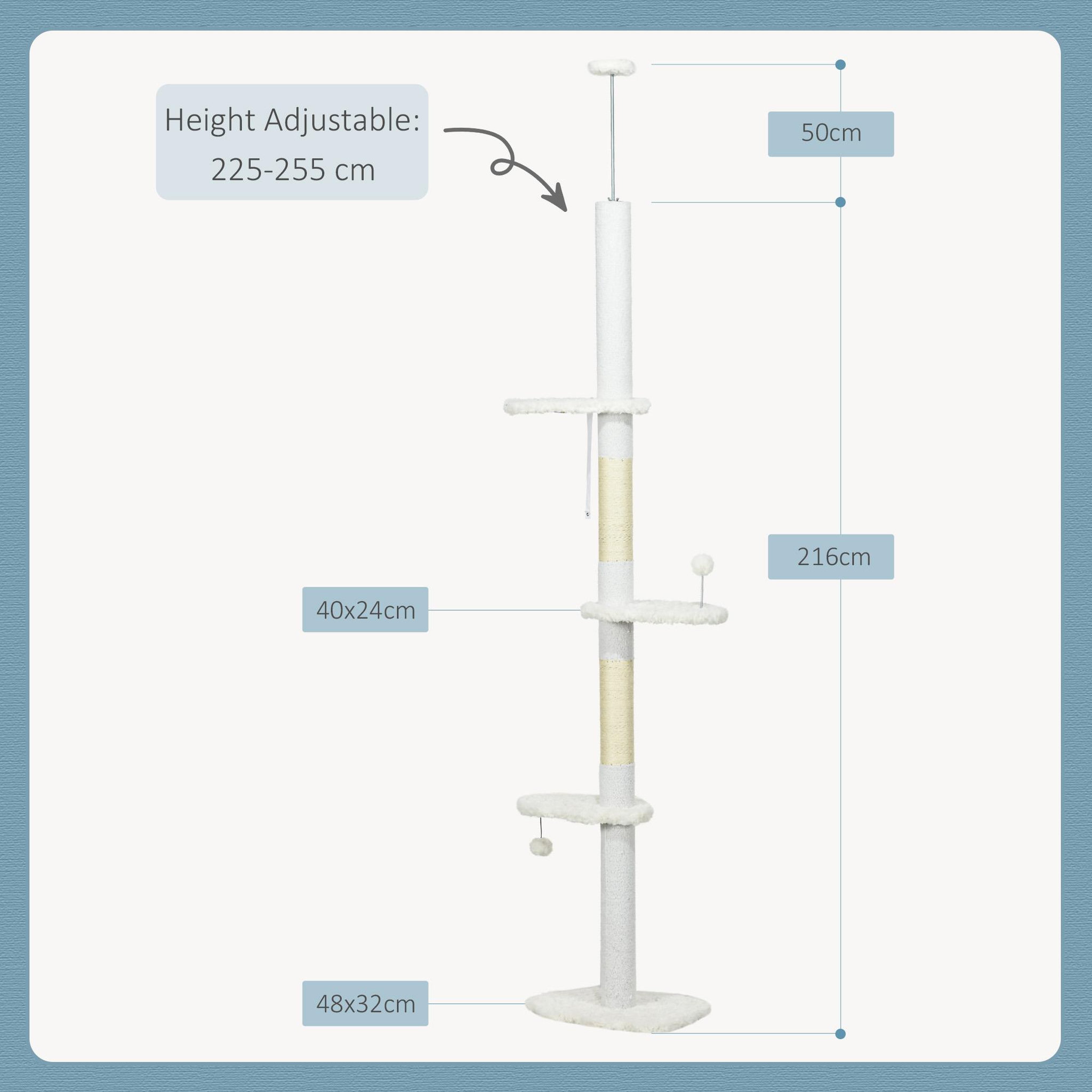 Voir la diapositive 2 : PAWHUT Arbre à chat réglable en hauteur 225-255 cm - tour pour chat 3 griffoirs nuages, 2 balles - blanc