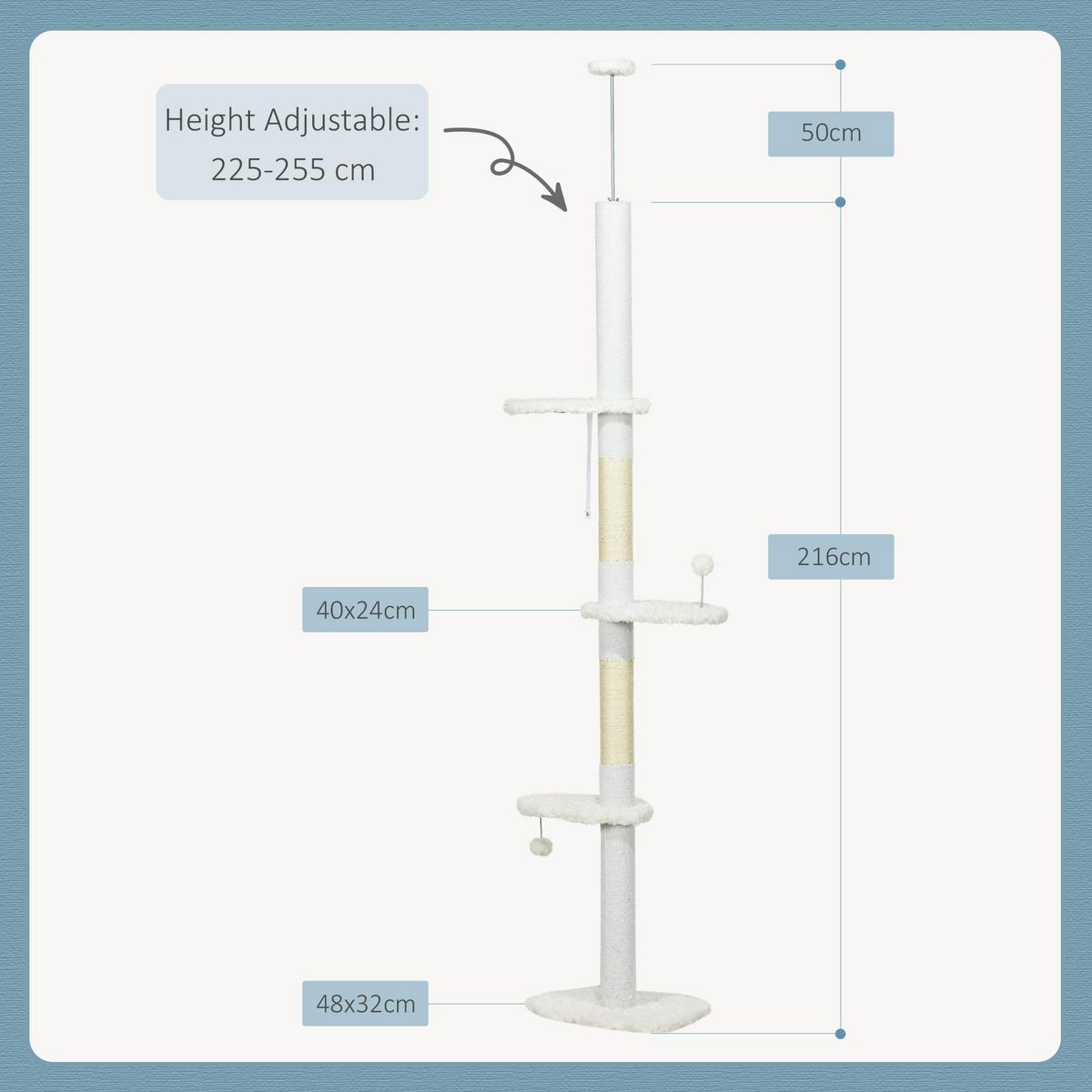 PAWHUT Arbre à chat réglable en hauteur 225-255 cm - tour pour chat 3 griffoirs nuages, 2 balles - blanc