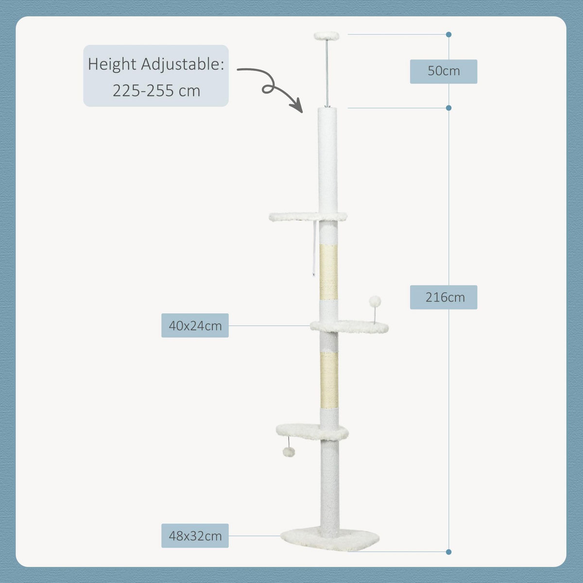 PAWHUT Arbre à chat réglable en hauteur 225-255 cm - tour pour chat 3 griffoirs nuages, 2 balles - blanc