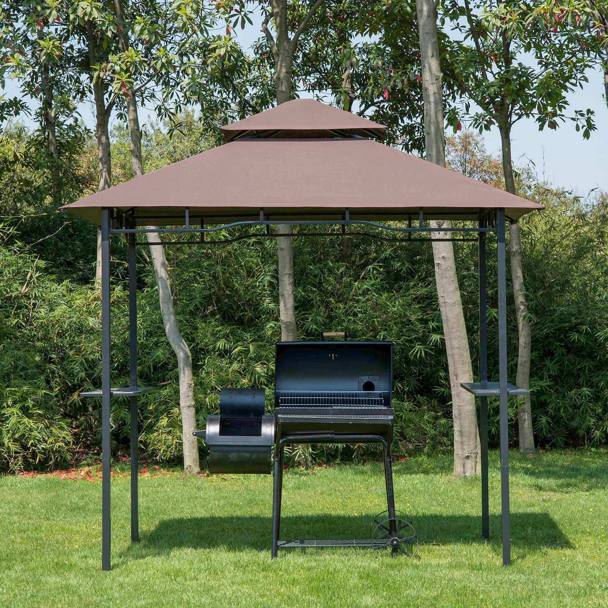 Voir la diapositive 2 : HOMCOM Pavillon abri tonnelle de jardin pour barbecue double toit 2 tablettes incluses tissu polyester acier 2,45 x 1,48 x 2,55 m chocolat