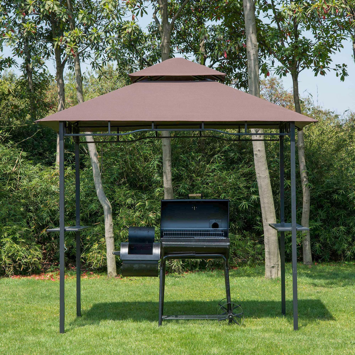 HOMCOM Pavillon abri tonnelle de jardin pour barbecue double toit 2 tablettes incluses tissu polyester acier 2,45 x 1,48 x 2,55 m chocolat