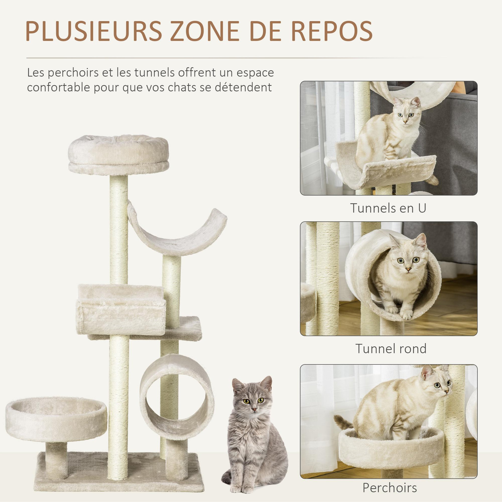 Voir la diapositive 5 : PAWHUT Arbre à chat multi-équipement griffoirs grattoirs plateformes tunnel paniers dim. 50 x 40 x 105 cm beige