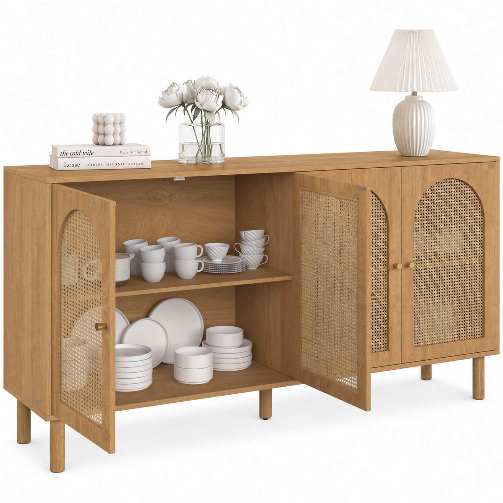Voir la diapositive 4 : ID MARKET Buffet 160 cm vlora 4 portes forme arche bois et cannage