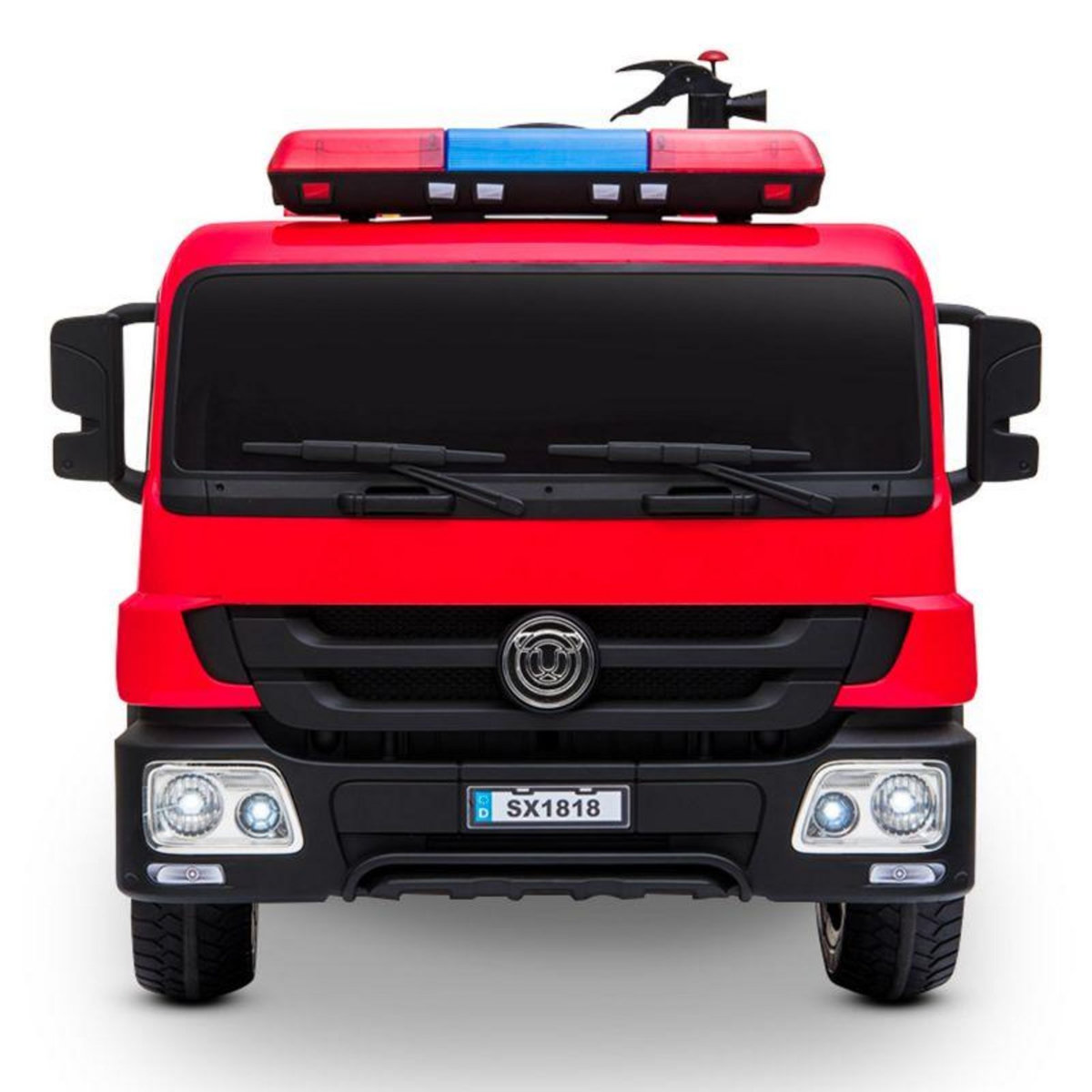 PLAY4FUN Camion de Pompier Electrique Rouge 35W avec Casque, Lance et Extincteur, Indicateur de Batterie et Télécommande Parentale