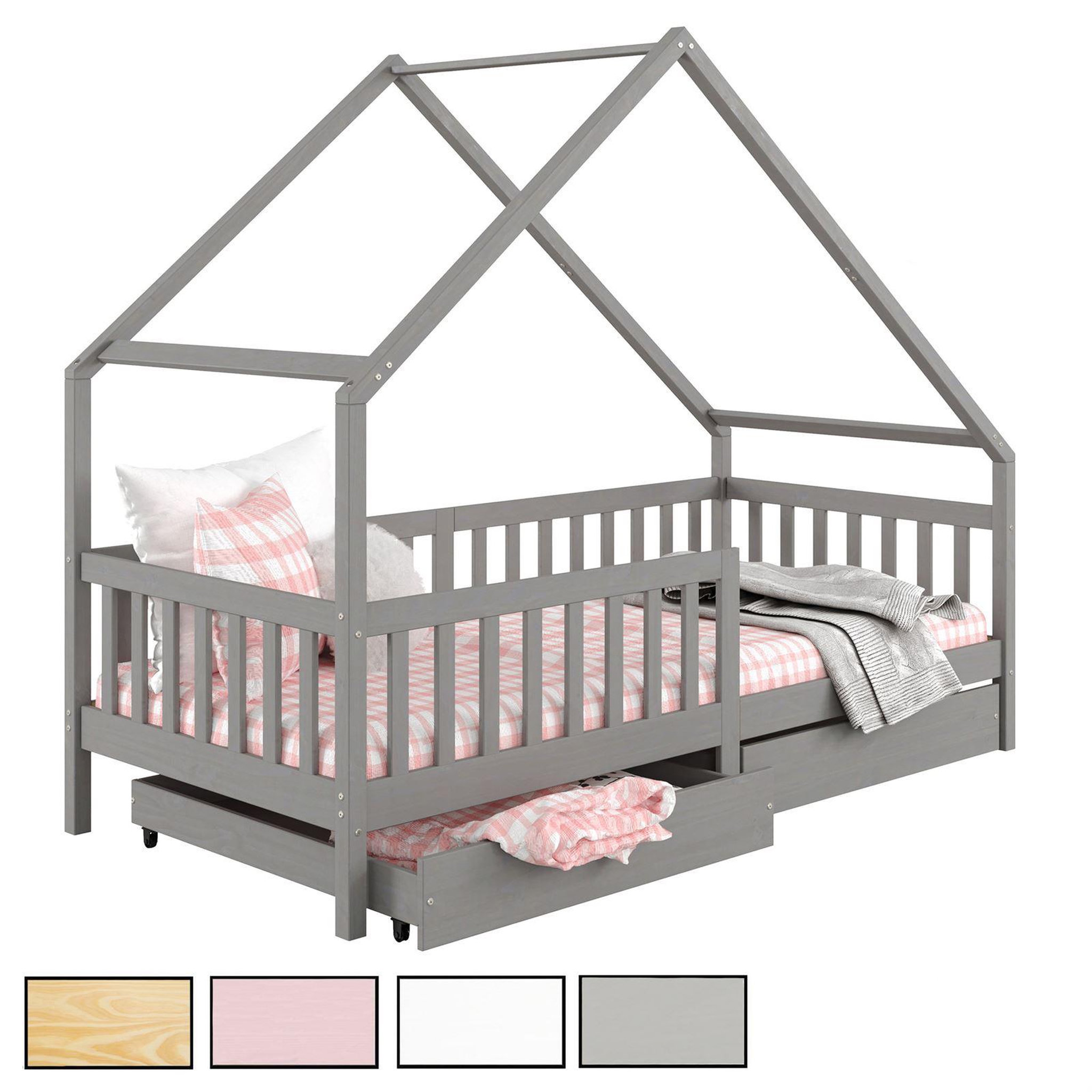 IDIMEX Lit cabane  asymétrique ALVA avec tiroirs, 90 x 200 cm en pin massif. Coloris disponibles : Marron, Blanc, Gris