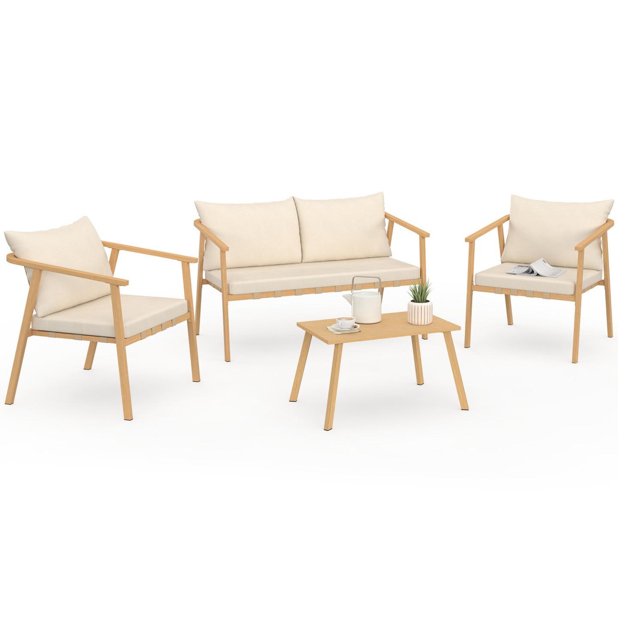 ID MARKET Salon de jardin bas malta 4 places structure en métal effet bois, lanières et coussins beiges
