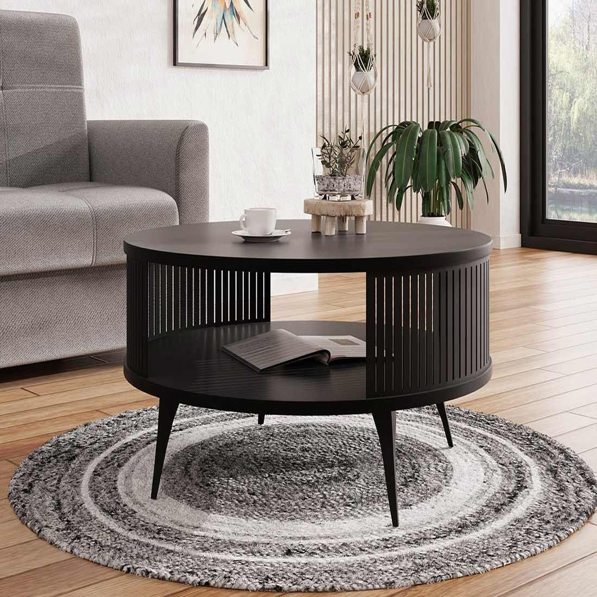 Voir la diapositive 3 : BEST MOBILIER Forini - table basse ronde - noir - 1 niche - 75 cm
