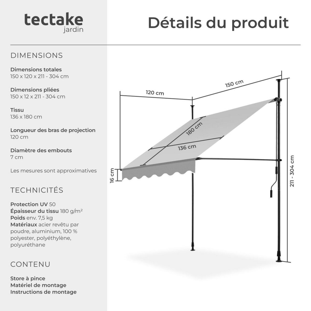 tectake Store à pince sans perçage avec manivelle gris clair 150 x 180 cm