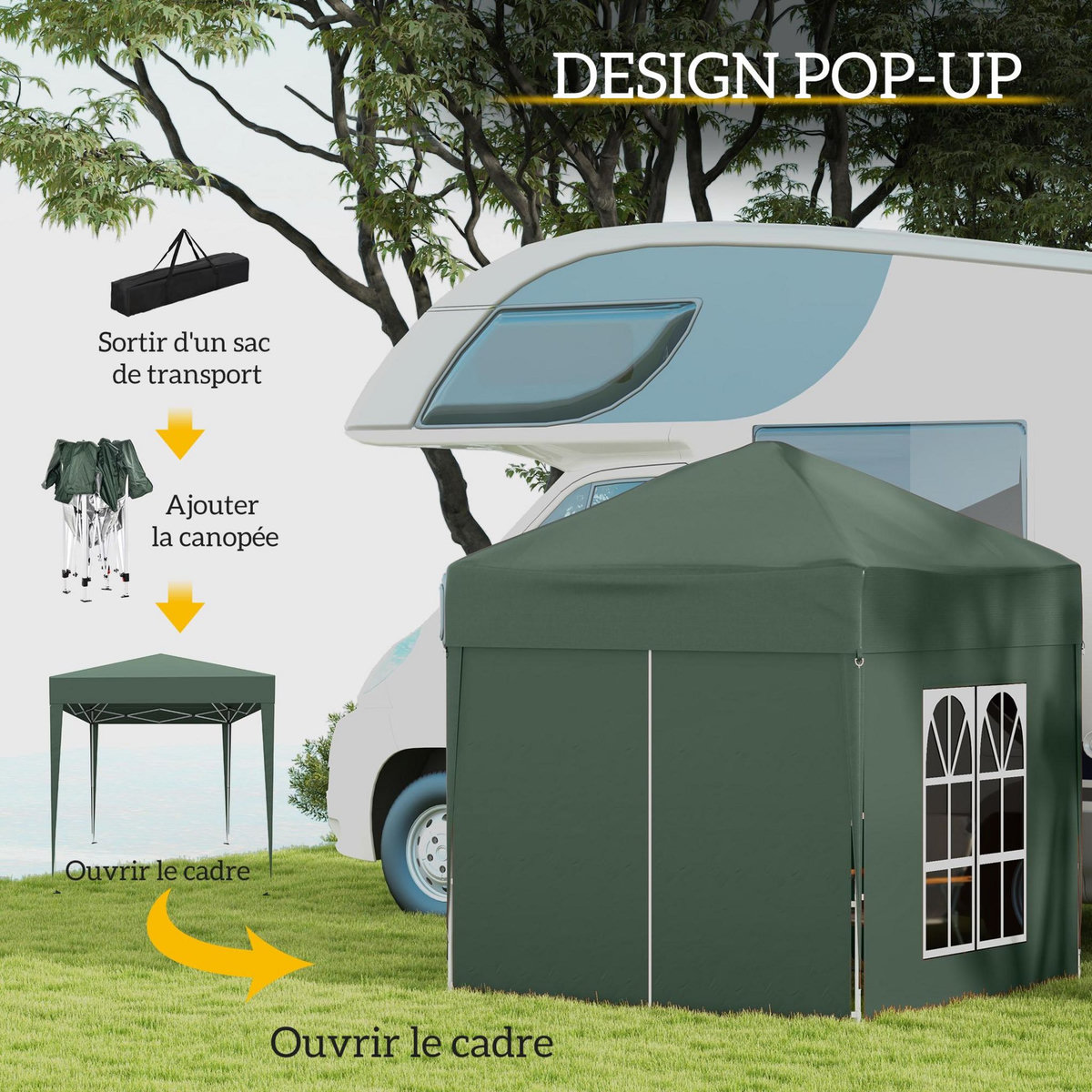 OUTSUNNY Tonnelle de jardin tente pliante barnum pop-up 2 x 2 m 4 parois latérales amovibles 2 fenêtres sac de transport vert