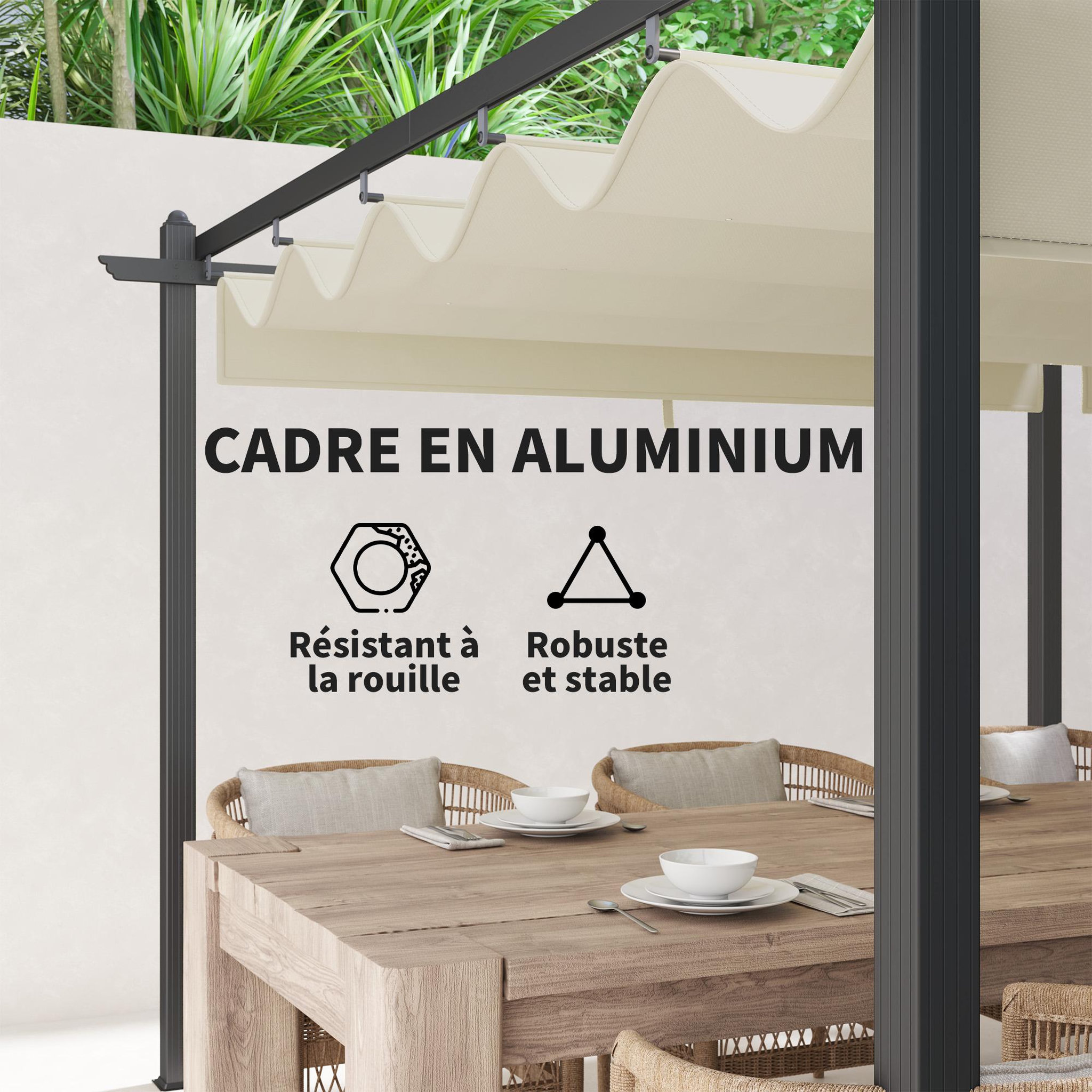 Voir la diapositive 6 : OUTSUNNY Pergola rétractable dim. 5,97L x 3,58l x 2,23H m structure robuste alu toile polyester haute densité 180 g/m² incluse beige clair