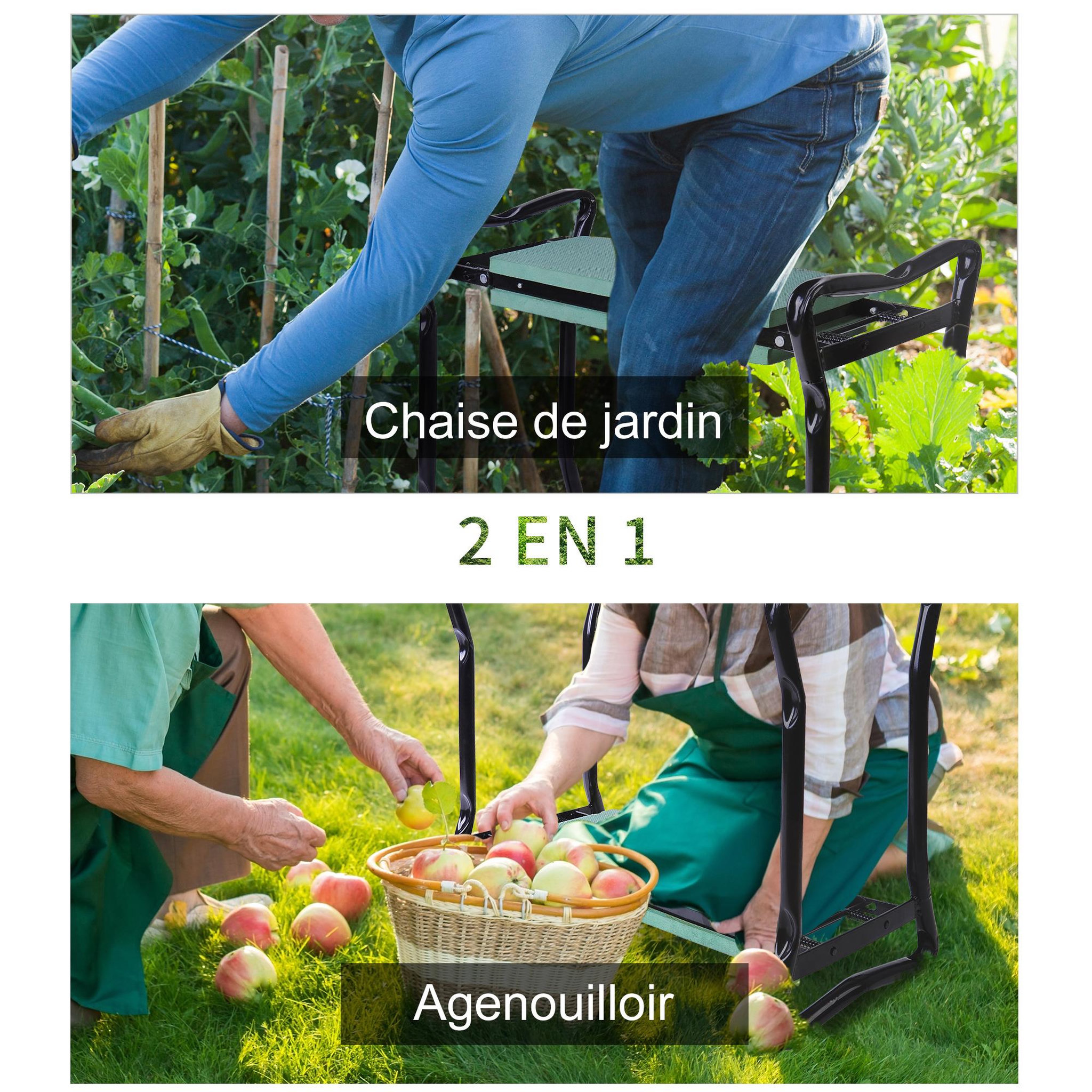 Voir la diapositive 4 : OUTSUNNY Tabouret de jardin pliable agenouilloir de jardin siège jardinage avec coussin acier EVA noir vert