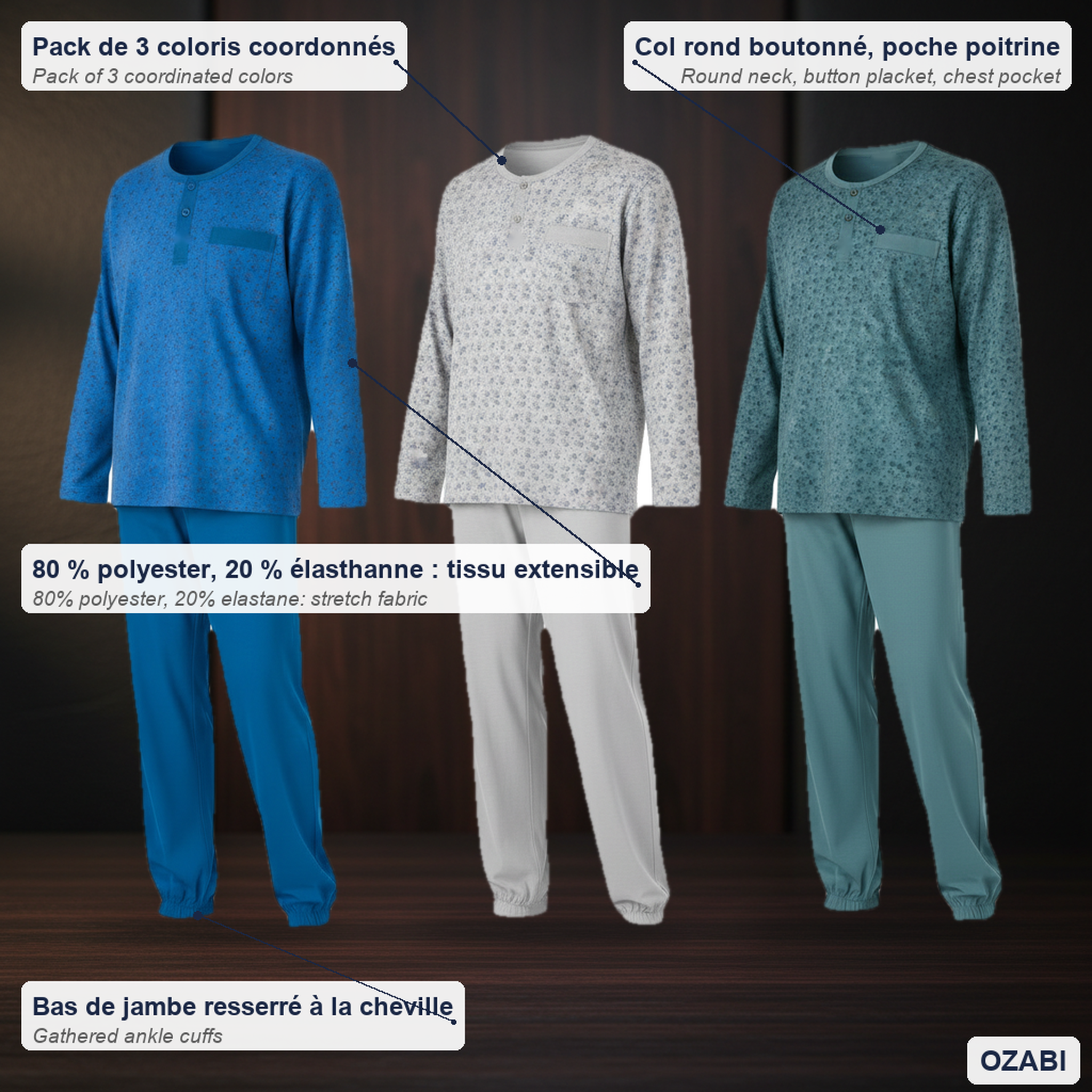 Voir la diapositive 5 : OZABI OZABI Ensemble Pyjama Homme Long Pack de 3, Haut Imprimé Col Boutonné