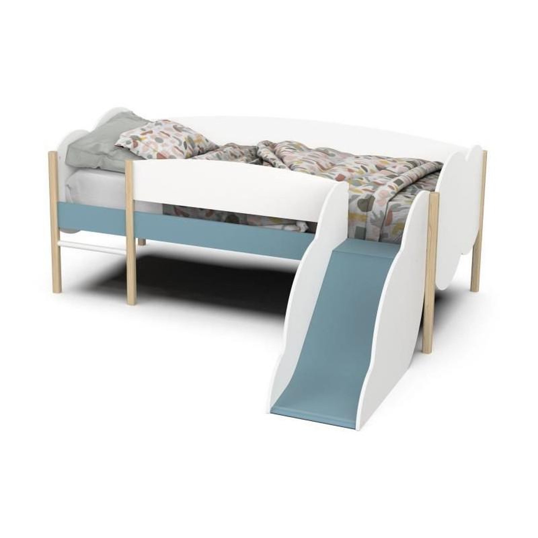 Voir la diapositive 4 : Demeyere DEMEYERE Lit toboggan - 90 x 200 cm - Sommier a lattes - 2 Tirroirs - Décor blanc et bleu orage