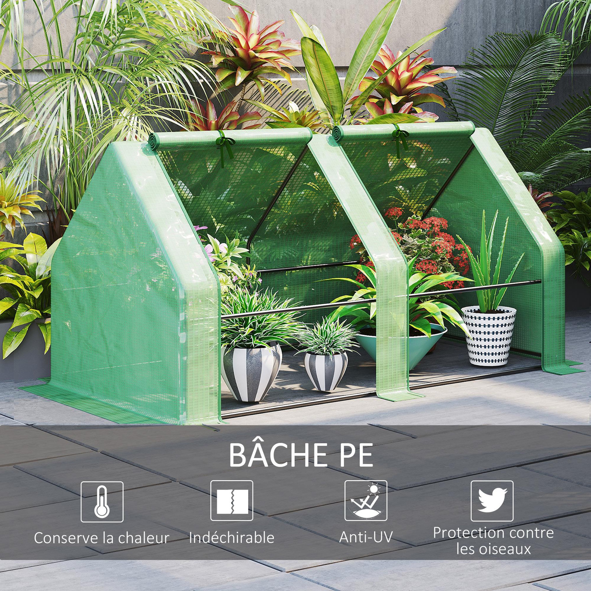 Voir la diapositive 4 : OUTSUNNY Mini serre de jardin serre à tomates dim. 180L x 90l x 90H cm acier PE haute densité 140 g/m² anti-UV 2 fenêtres zippées enroulables vert