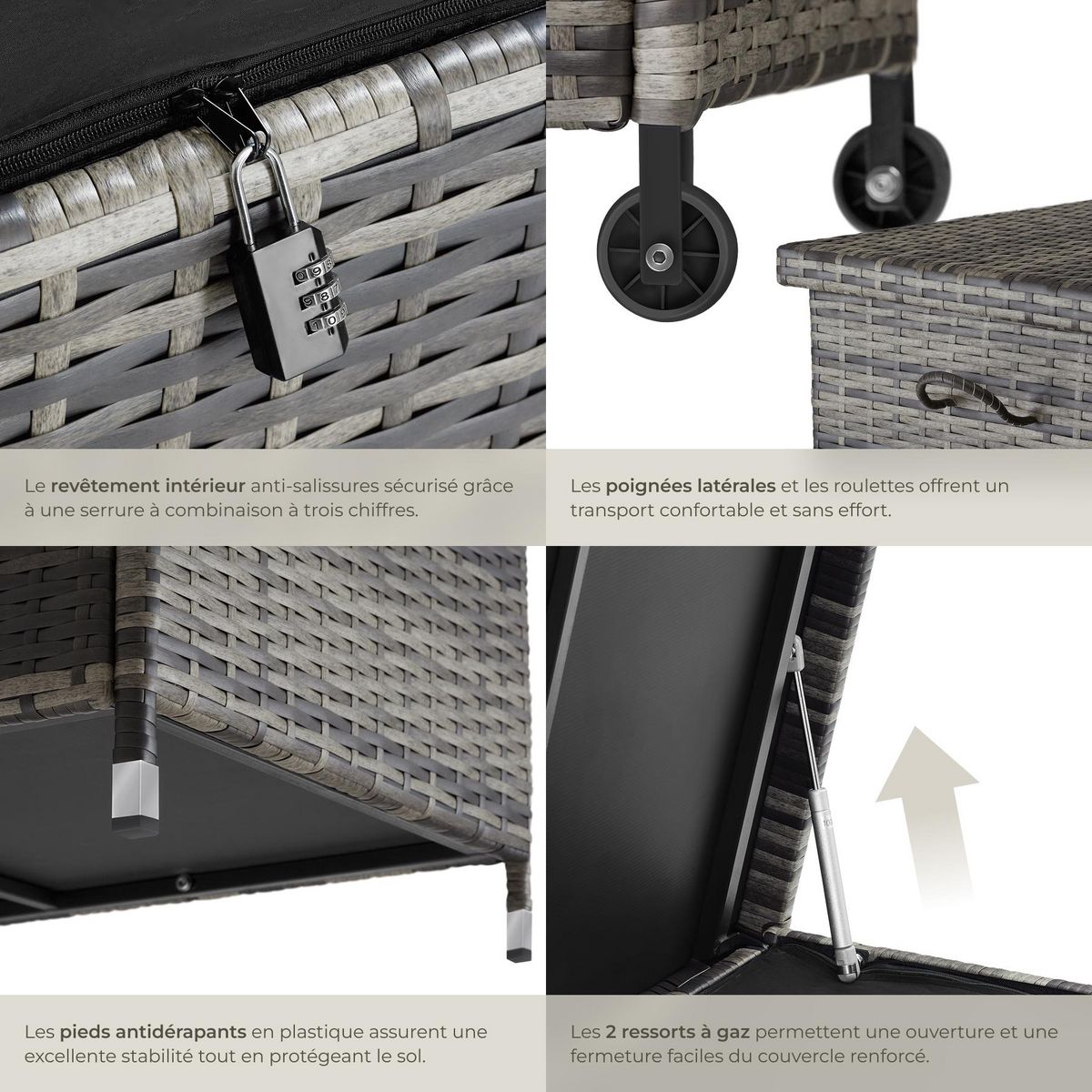 tectake Coffre de jardin pour coussins 270 l, avec tressage en rotin gris