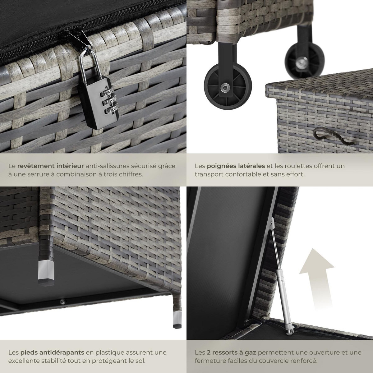 tectake Coffre de jardin pour coussins 270 l, avec tressage en rotin gris