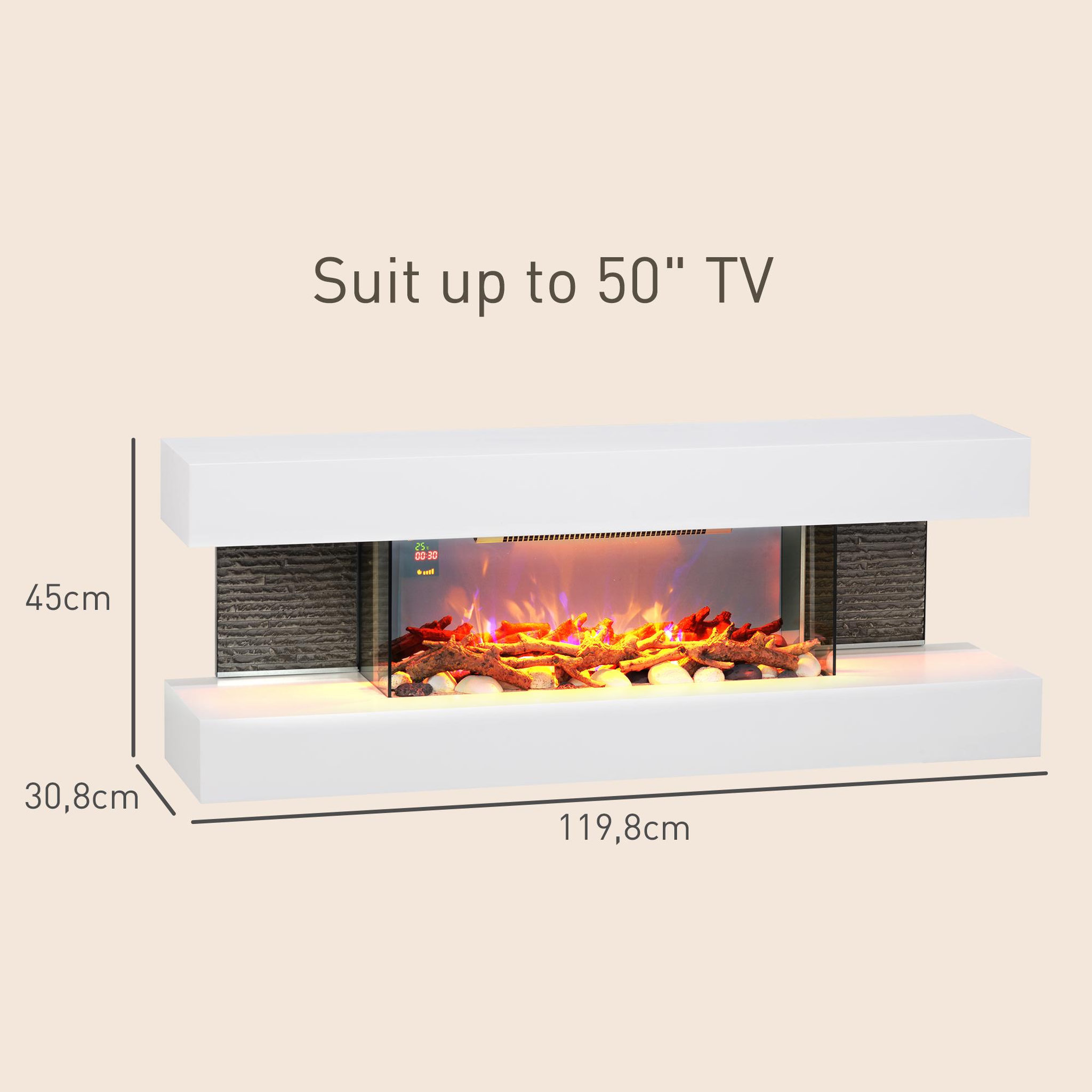 Voir la diapositive 3 : HOMCOM Cheminée électrique design contemporain 2000W effets flammes LED 3D dim. 119L x 30l x 45H cm éléments décoratifs télécommande inclus blanc