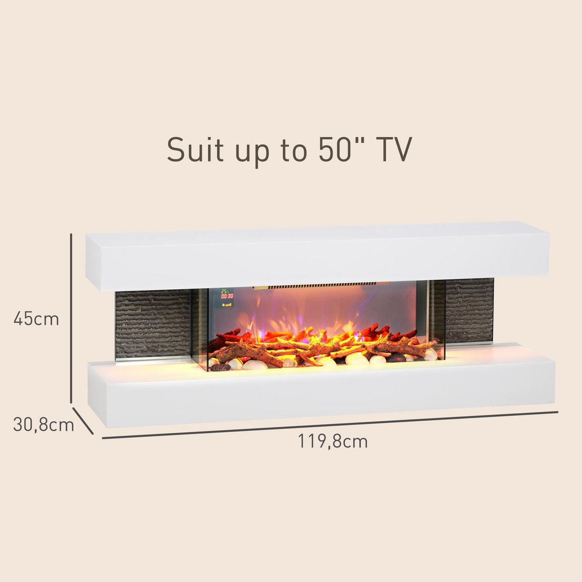 HOMCOM Cheminée électrique design contemporain 2000W effets flammes LED 3D dim. 119L x 30l x 45H cm éléments décoratifs télécommande inclus blanc